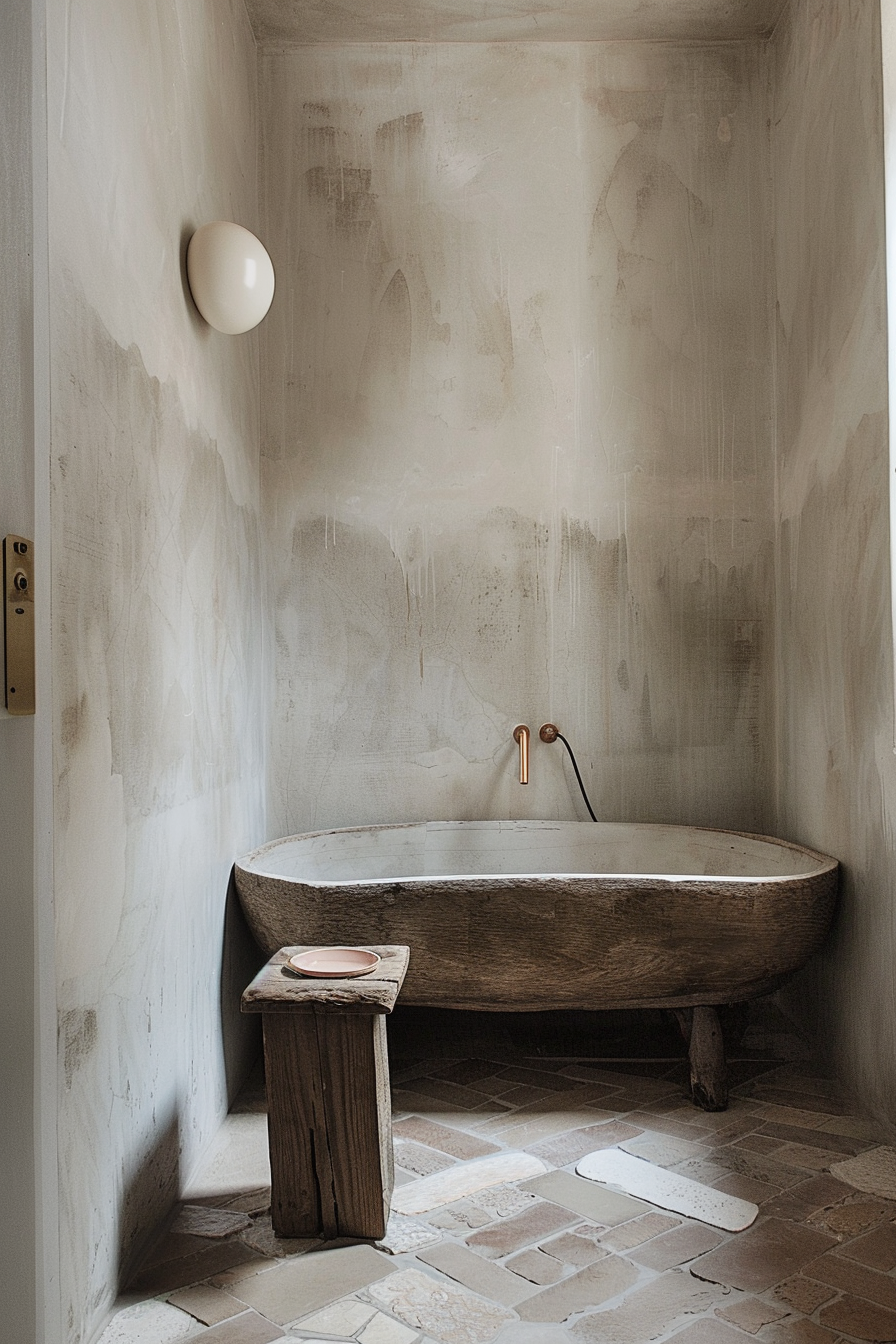 The image showcases a rustic bathroom corner with a unique oval-shaped wooden bathtub resting on simple wooden legs. The walls around it exhibit a textured plaster finish in a neutral color palette with distinct streaks, adding to the weathered charm of the space. A minimalist white wall light is affixed next to the doorway, providing illumination. Nearby, there's a wooden stool, appearing aged and worn, which holds a small bowl, potentially for bath salts or soap. The flooring presents a herringbone pattern with terracotta tiles, echoing the room's warm, natural aesthetic. Rustic bathroom with wooden bathtub, aged stool, and textured walls.