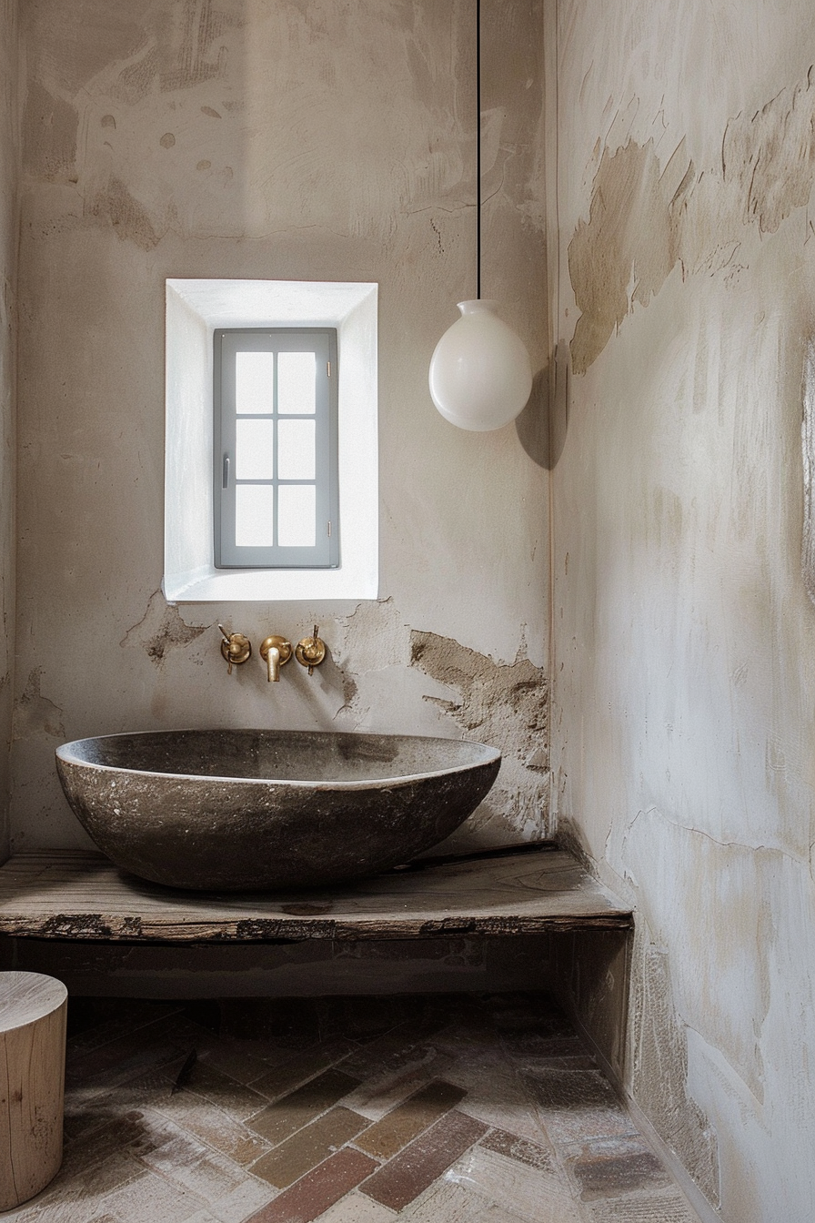 The image shows an elegantly rustic bathroom corner with a raw and textured look. A stone basin sits atop a wooden shelf, with golden faucets mounted directly on the distressed plaster wall. Above the sink, a small white-framed window with grid panes lets in natural light. To the right, a pendant light with a round, opaque white shade hangs from the ceiling. The floor is adorned with patterned tiles in muted tones, complementing the historical and minimalistic ambiance of the space. Minimalist rustic bathroom with stone sink, distressed walls, and patterned tile floor.