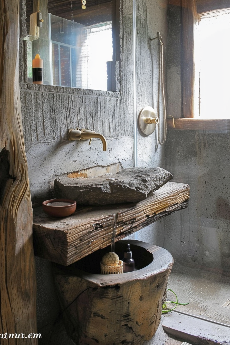 The image shows a rustic washbasin corner with a unique design. The basin is crafted from a large, flat stone that rests on a thick wooden plank supported by a rugged tree trunk. To the left, another wooden plank protrudes, possibly serving as a countertop, displaying a small ceramic bowl and a bottle. A brass faucet is installed above the stone basin, and there's a matching showerhead on the right side. The walls have a textured, concrete-like finish, and there's a mirror above the basin, reflecting the light and part of the outdoors visible through a small window. Below the basin, nested within the hollow of the tree trunk, a shelf holds toiletries, including a bottle with a pump and a spherical soap on a wooden stand. A small green plant sprouts near the bottom edge of the image, adding a touch of life to the setting. ALT text: Rustic bathroom corner with stone basin, brass faucet, tree trunk vanity, wooden shelves, and mirror reflecting a window.