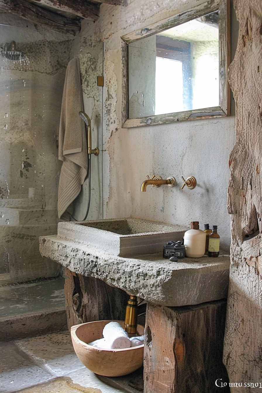 The image shows a rustic bathroom with a rough-hewn stone sink supported by thick wooden beams. Above the sink, gold-colored faucets are mounted on a worn white wall with patches of decay. On the sink's surface, there are three bottles with labels facing away, and a film camera placed at the edge. Below the sink, inside a rounded wooden bowl, there are two rolled-up towels alongside a bar of soap, suggesting an intended cozy atmosphere despite the aged setting. A tarnished mirror hangs on the wall above the sink, partially reflecting the room's light source. The room's wooden features exhibit some wear, contributing to the overall vintage and abandoned appearance. Alt text: Rustic bathroom with stone sink, wooden beams, vintage mirror, gold faucets, toiletries, and a camera, in a decayed setting.