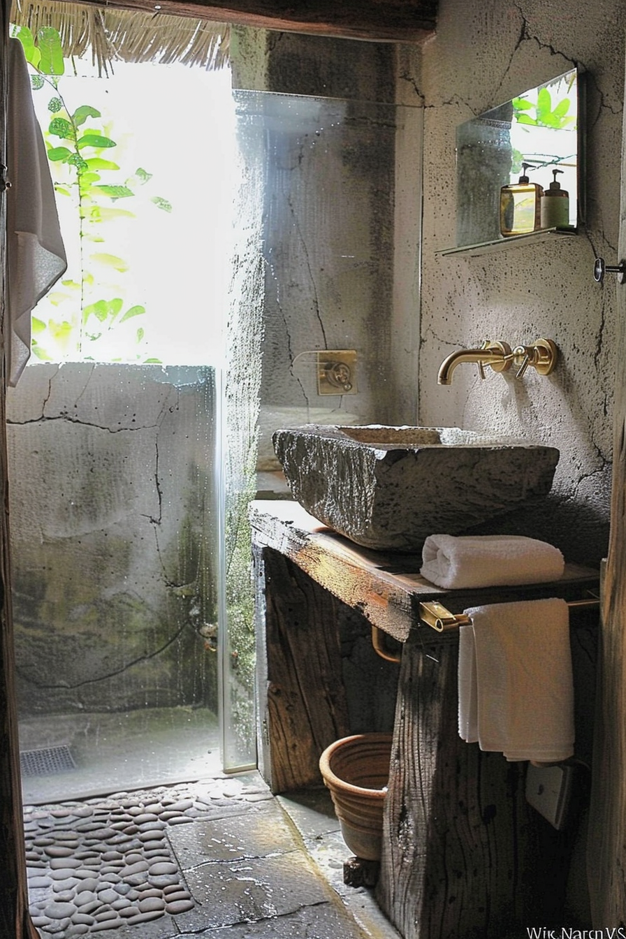The image shows a rustic bathroom interior with a stone washbasin set on a wooden counter, a mirror above it, and brass fittings. A walk-in shower with a glass door appears to be slightly open, and water droplets can be seen on the door, indicating recent use. The room is softly illuminated by natural light coming through the shower area where green plants are visible outside, giving the space an outdoor feel. Flooring in the shower area consists of pebbles and stone tiles, enhancing the natural ambiance. A towel hangs neatly on a rail under the basin while another is placed on the counter. A clay pot sits on the floor to the side, contributing to the earthy décor. Rustic bathroom with stone basin, brass taps, and natural light with greenery outside.