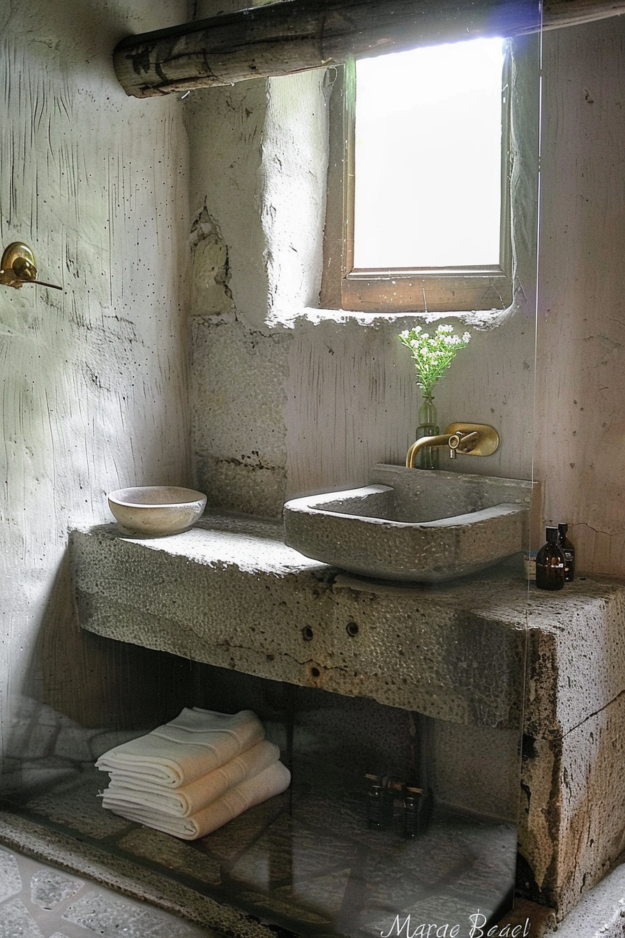 The image shows a rustic bathroom corner with a strong natural vibe. There is a stone sink with a modern brass faucet, and below the sink, a glass shelf holds neatly folded white towels. Beside the sink sits a small bottle, possibly containing soap or lotion. A simple white bowl is placed on a recessed ledge next to the sink, and a small vase with greenery sits on a ledge by the window, introducing a touch of nature. Rough, plastered walls and a small window with sunlight streaming through give the room a cozy, textured look. The room's aesthetic combines rough-hewn surfaces with refined details, creating a serene and organic atmosphere. Stone sink with brass tap in a bathroom with folded towels and greens by a window.