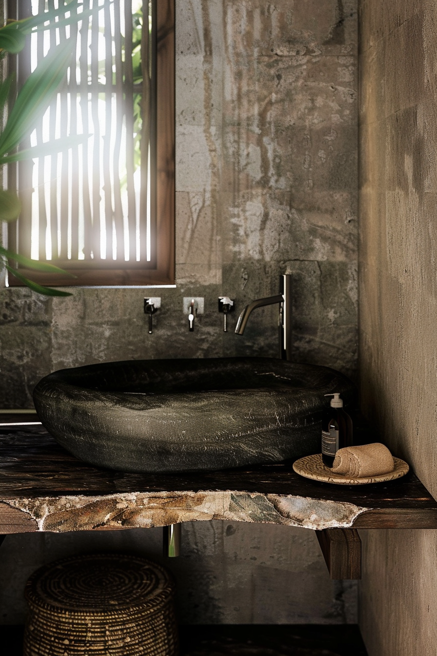 The image shows a modern bathroom sink area with a rustic aesthetic. A stone basin sink sits atop a rough-hewn wooden countertop, which is supported by thick wooden brackets. There is visible patina on the concrete walls, giving the space a weathered charm. Wall-mounted faucets extend out over the sink. To the right, there's a neatly placed towel and a bottle of hand soap on a small plate. A woven basket can be seen on a lower shelf beneath the countertop. A window with slatted blinds partially raised lets in natural light, accompanied by the soft green blur of a plant in the foreground. Modern stone basin sink in a rustic bathroom with rough wooden counter and concrete walls.