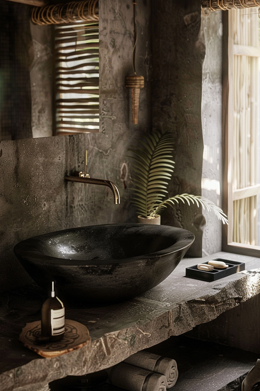 The image shows a close-up of a bathroom sink area with a rustic and natural design aesthetic. The sink is a large, black stone basin resting on a rugged stone countertop. Above the sink, there's an elegant, modern faucet with a bronze finish. To the right of the basin, a potted green fern adds a touch of vibrant color to the otherwise earthy tones of the scene. Directly in front of the sink, there's a black dish with two small, white oval-shaped stones, possibly soap. Beside it is a brown glass bottle with a simple label, placed on a small wooden coaster, which could be a hand soap or lotion. The background features a textured concrete wall, part of a bamboo shade visible in the upper left corner, and a glimpse of another room through a rectangular opening. The ambiance is serene, invoking a sense of peaceful, organic luxury. Rustic bathroom design with black stone sink, bronze faucet, and natural accents.