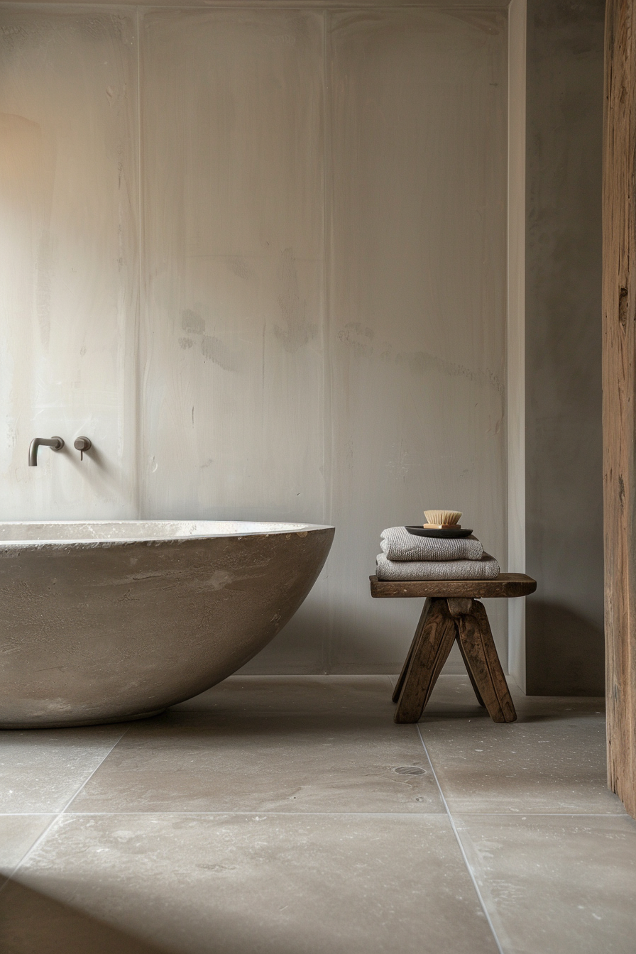 The image shows a minimalist bathroom setting with a large oval bathtub made of what appears to be concrete or stone, and it is positioned on the left side of the frame. The wall behind the tub has a textured finish with smudges and imperfections, suggesting an industrial or rustic chic style. On the right, there is a small wooden stool with a rough-hewn appearance that holds neatly folded towels and a body brush on top, adding an element of warmth to the room. The floor is tiled with large, square tiles that have a matte, stone-like finish. Minimalist bathroom with stone bathtub, rustic wooden stool with towels and brush.
