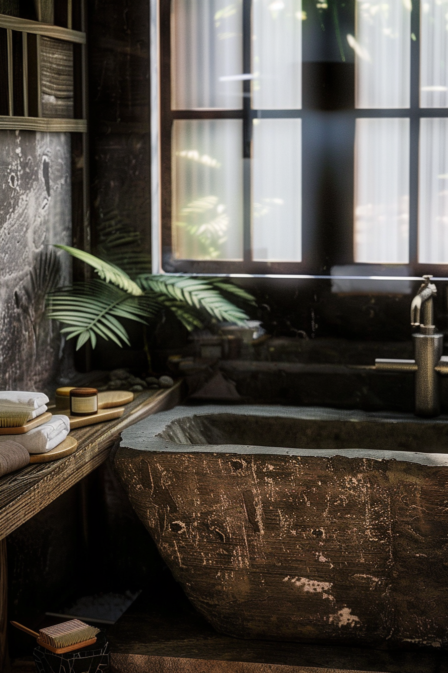 The image displays a rustic and serene bathroom setting with natural elements. There's a sizeable, rough-hewn stone bathtub that forms the centerpiece, and beside it sits a wooden shelf holding neatly stacked towels, a couple of wooden containers with lids, and soap dishes. Gentle sunlight filters through a window with grid panes, dappling the interior and highlighting a potted fern's presence, which adds a touch of greenery to the earth-toned space. A minimalist metallic faucet protrudes above the bathtub. The materials and lighting evoke a spa-like tranquility, suggesting a space designed for relaxation. Rustic stone bathtub with towels and greenery in a tranquil bathroom setup.