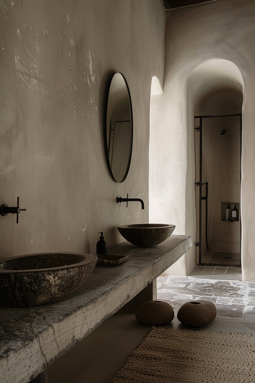 The image shows a rustic bathroom interior with a minimalist design. On the left, there is a long, stone countertop upon which rest two round, stone basins with matte black faucets mounted on the wall above them. A matching black, oval mirror hangs on the textured, plastered wall. To the right, an arched doorway leads to another room with a smaller doorway visible in the distance. On the beige, stone-tiled floor, beneath the countertop, are two spherical stone objects, possibly decorative or functional, next to a woven mat. Neutral tones and natural materials give the space a serene, earthy aesthetic. Stone countertop with two basins, black faucets and mirror in a rustic bathroom with arched doorway.