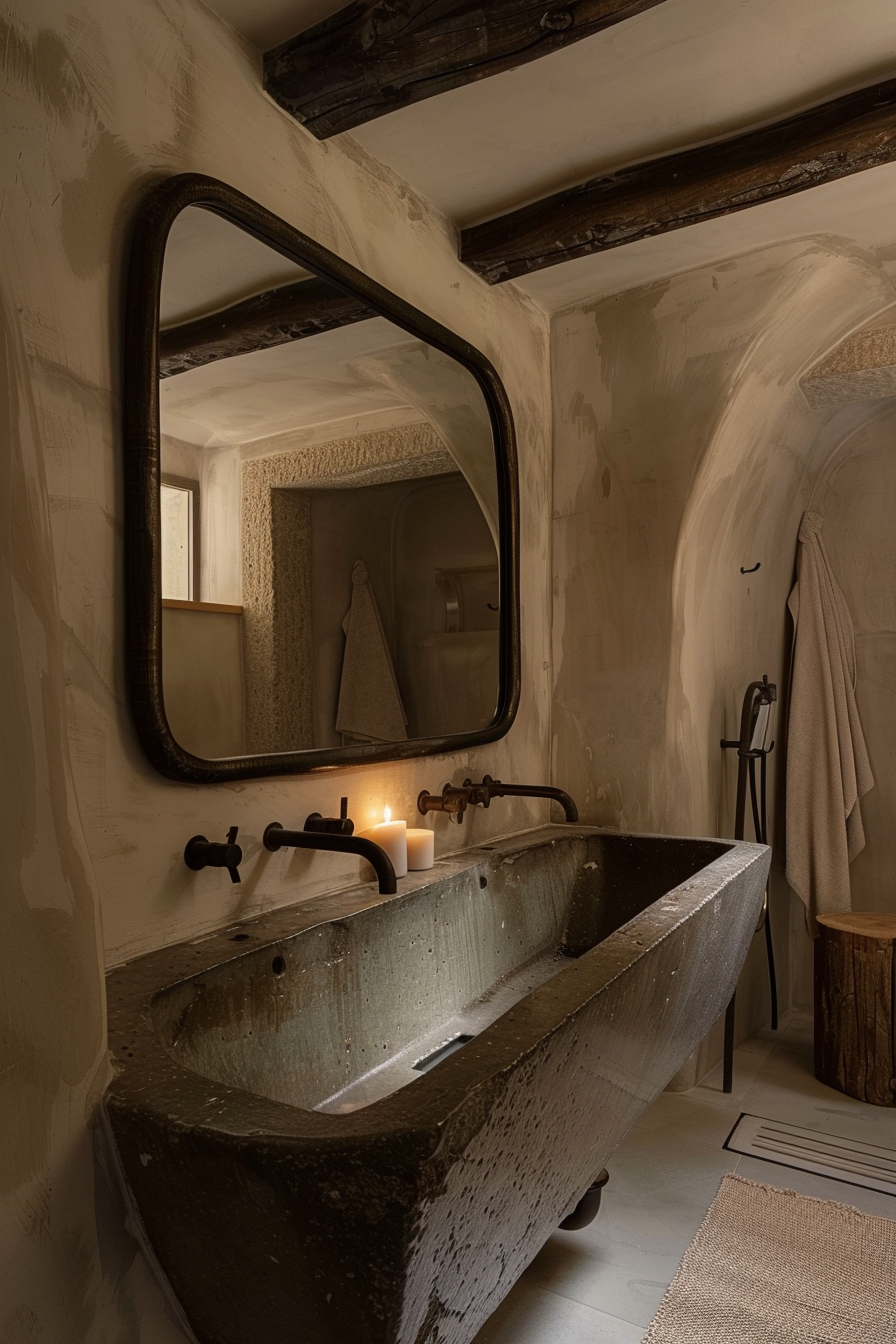 The image shows a rustic bathroom with a large stone sink and metallic faucets. Above the sink, there's a sizable rectangular mirror with a rounded top. The room features exposed wooden beams on the ceiling and a textured plaster finish on the walls. A few lit candles are placed on the edge of the sink, providing a warm, ambient light. To the right, there is a towel hanging on a hook, and a wooden stool is visible near the corner of the room. A small burlap rug lies on the tiled floor. Rustic bathroom with a large stone sink, mirror, exposed beams, and lit candles creating ambient lighting.