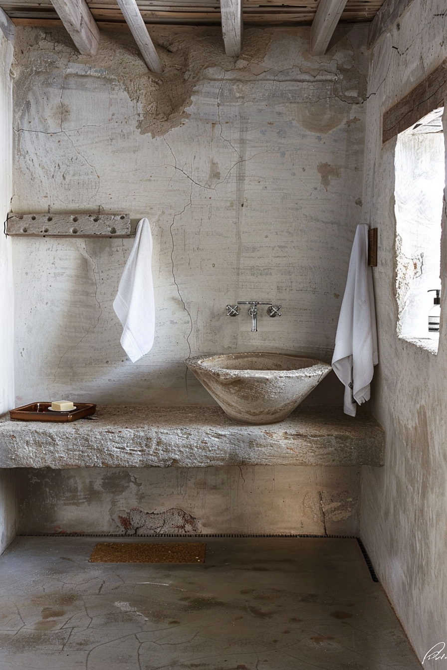 The image shows a rustic bathroom with a weathered appearance. There is a large, rough-textured basin sink supported by a wide concrete shelf, which extends towards the right to form a countertop. Two white towels hang on either side of the sink, one on what looks like a metal rod embedded in the concrete wall, and the other on a wooden hook. The faucet is made of two separate taps with a silver finish. On the countertop part of the shelf, there's a small tray holding a bar of soap. Light filters in through a window on the right, casting a gentle glow on the textured walls and floor. The overall atmosphere is minimalist yet evocative, with a focus on natural materials and an aged patina. Rustic concrete bathroom with basin sink, two hanging towels, and bar of soap on tray.