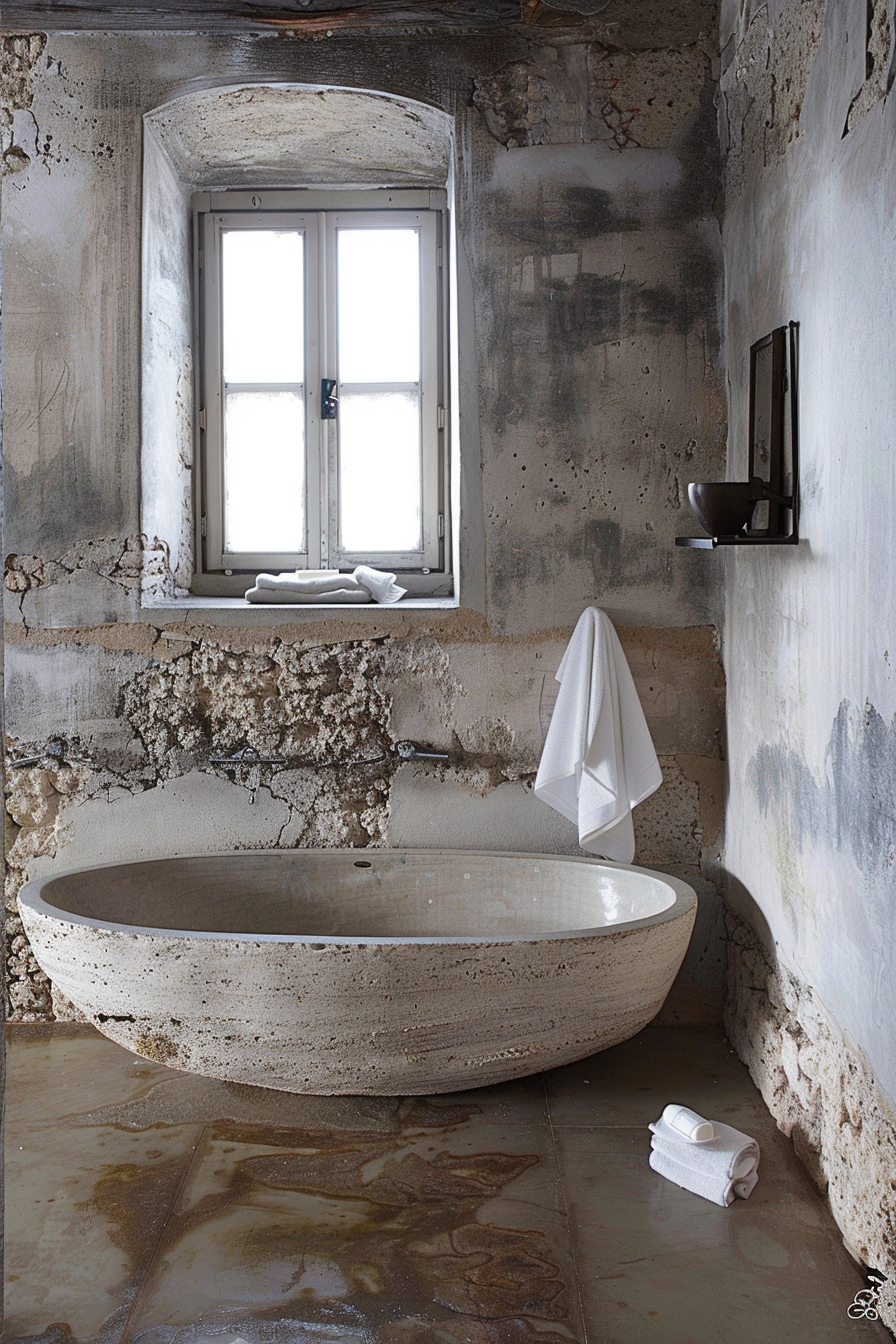 The image shows an oval-shaped stone bathtub in a room with rustic and weathered walls, displaying exposed concrete and patches of decay. A rolled up white towel is placed near the tub on the floor. Above the bathtub, to the right, hangs a solitary white towel on a metal bar. A small wooden stool with a bowl is situated by the wall opposite the window. Natural light enters the room through a tall double window, which has a folded white towel on the sill. The floor is tiled with large stone slabs and appears wet, possibly from recent use of the bathtub. Rustic stone bathtub with towel in a room with weathered walls and wet stone floor.