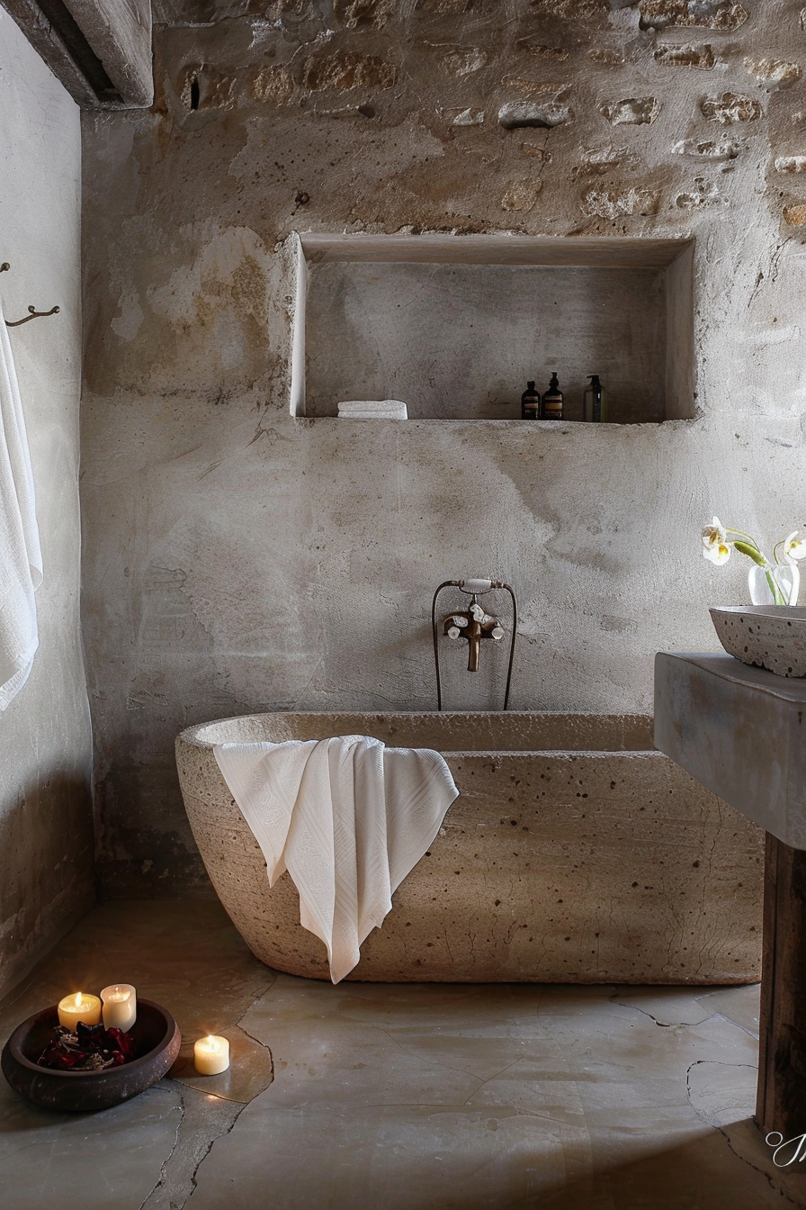 The scene is a rustic bathroom with textured walls that show signs of wear, adding character to the space. Centered in the image is a stone bathtub with an elegant, white towel draped over the side. The faucet has an antique design, suggesting a blend of old-world charm with functionality. Above the bathtub, a recessed shelf is carved into the wall, housing a few dark bottles—likely bath products. To the right, a stone basin sits atop a rough-hewn pedestal, complemented by a simple flower arrangement that adds a touch of nature and softness to the room. In the foreground, a tray with red petals holds a trio of lit candles, contributing to the serene and warm ambiance. Rustic bathroom with stone bathtub, recessed shelf, and candles creating a warm ambiance.