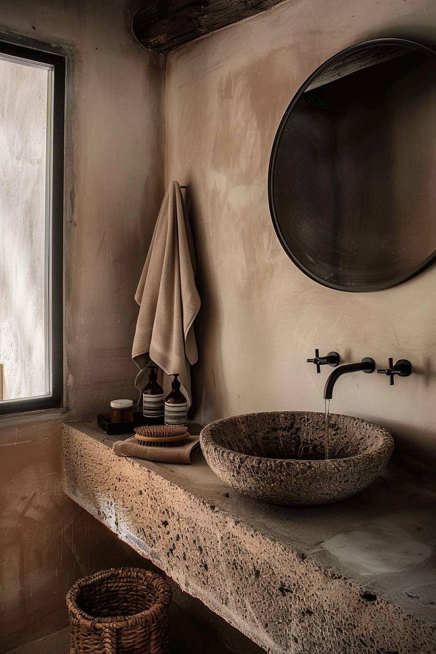 In the image, there is a rustic-looking bathroom sink area. The sink, which appears to be hewn from stone, sits on a textured countertop with earthy tones. A round mirror is mounted on the wall above the sink, reflecting the dimly lit room. Beside the mirror is a small frosted window allowing natural light. Hanging on a hook to the left of the sink is a beige towel, and on the countertop, there are various toiletry items like soap dispensers and brushes organized neatly on a tray. There is also a small woven basket sitting on the floor. Rustic bathroom with stone sink, towel, toiletries, round mirror, and natural light.