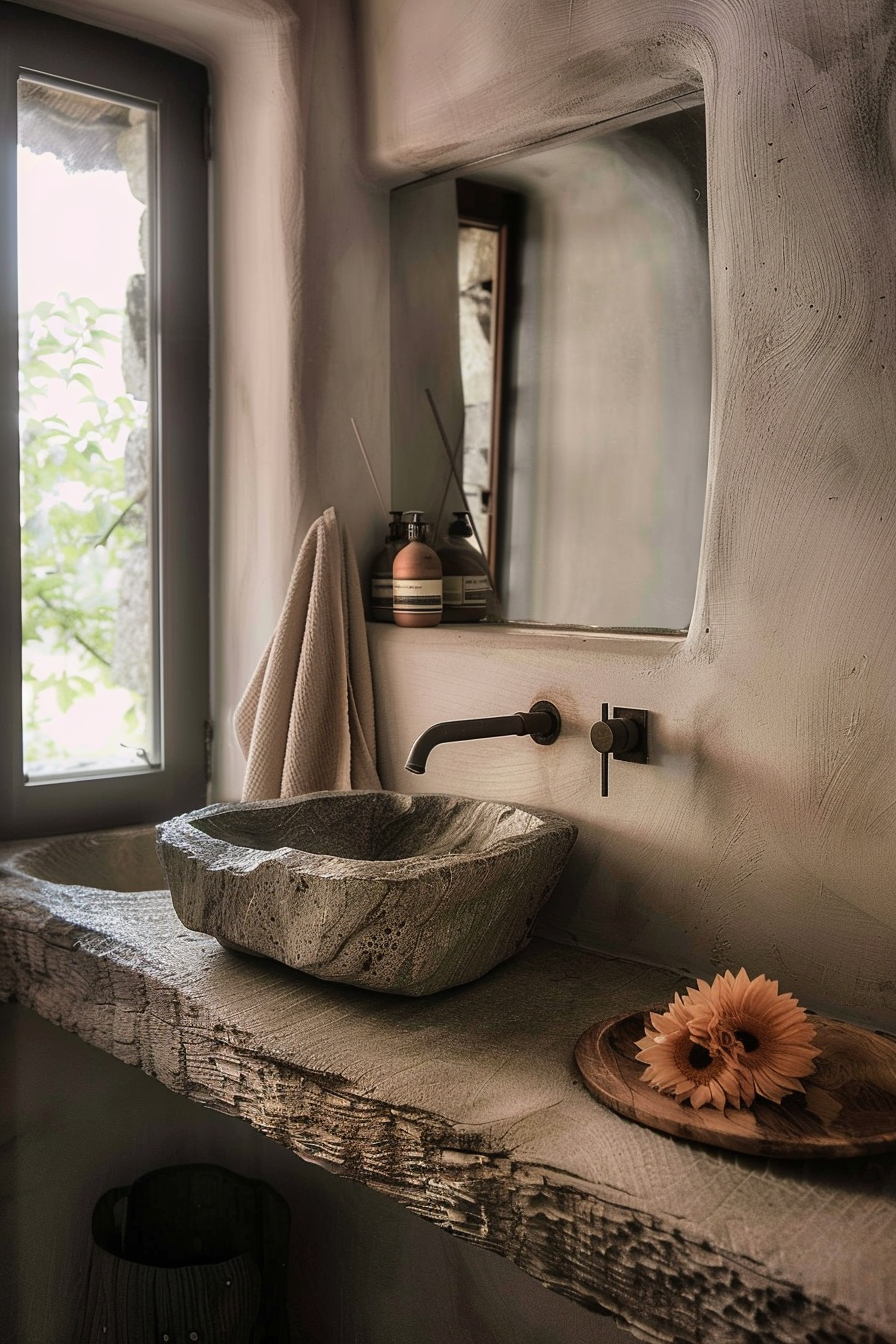 The image shows a rustic bathroom sink area. There is a natural stone basin situated on a wooden counter with a textured surface. A mirror reflects the image of the room, partially obscured by the rough plaster wall. A hanging beige towel is visible beside a window that lets in natural light, offering a glimpse of greenery outside. A black metallic faucet is mounted to the wall above the basin, and a soap dispenser with two reed diffusers is placed beside it. On the counter, there's a wooden tray holding a single orange flower, adding a touch of color to the scene. Rustic bathroom sink with natural stone basin, wooden counter, and a single flower decor.