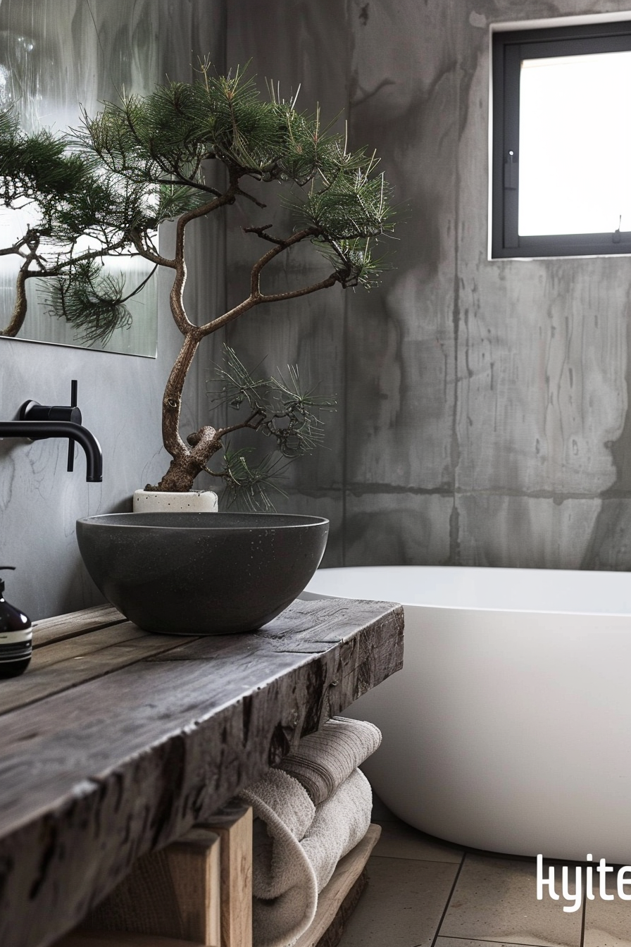 The image showcases a modern bathroom corner with a focus on a rustic wooden vanity that supports a black basin faucet and a stone bowl containing a bonsai tree. In the reflection of the mirror behind the basin, the bonsai appears to have an extended canopy. Below the vanity, neatly rolled towels are stored on an open shelf providing a spa-like atmosphere. In the background, a standalone white bathtub is partially visible, and a small window allows natural light into the space. The walls have a textured grey concrete finish that complements the overall minimalist and natural aesthetic of the bathroom. Modern bathroom with rustic vanity, stone basin with bonsai tree, and bathtub.