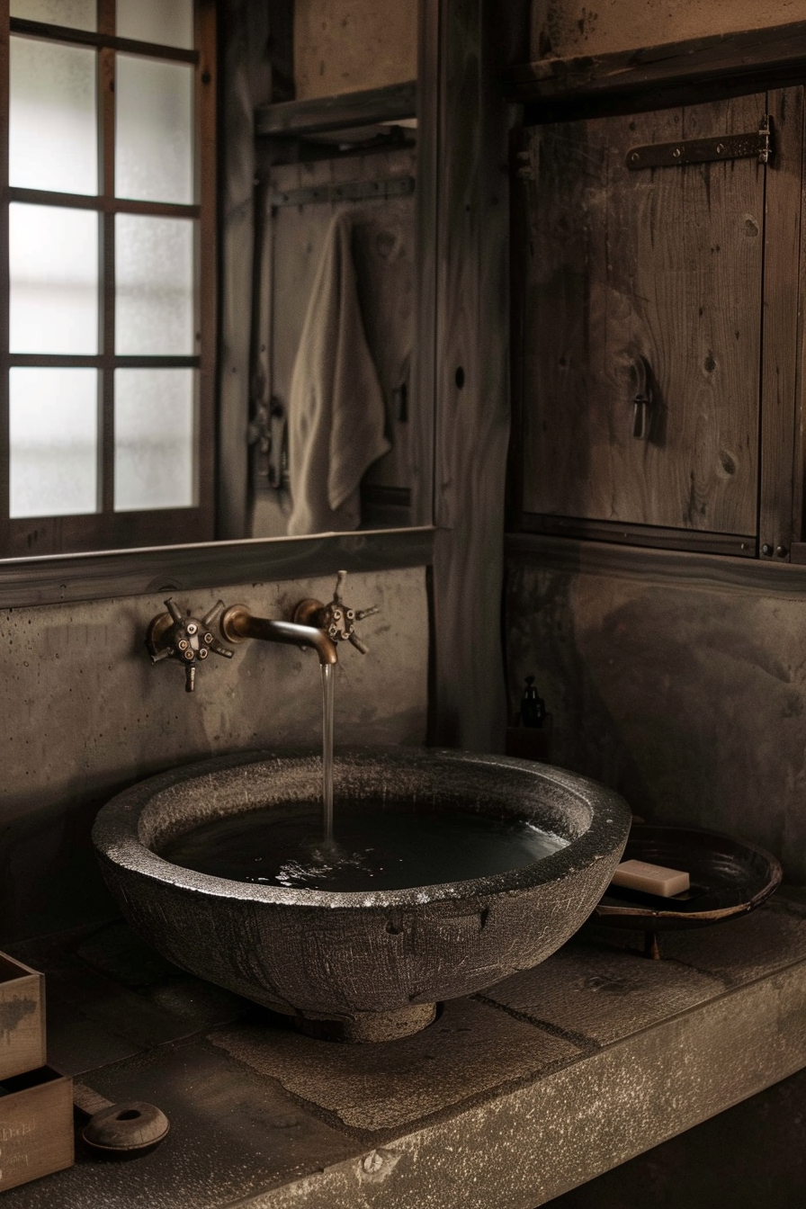 The image shows a rustic stone basin filled with water, with taps above it letting out a stream of water. To the right, on a separate lower basin, a bar of soap rests. The scene looks to be part of a traditional bathroom setup, with a wooden cabinet and frosted glass window nearby. An off-white towel hangs from a hook, partly visible in the background on the left, next to the window. The overall ambiance is moody with natural and warm lighting, evoking a sense of tranquility. Vintage-style bathroom with stone water basin and running brass taps.