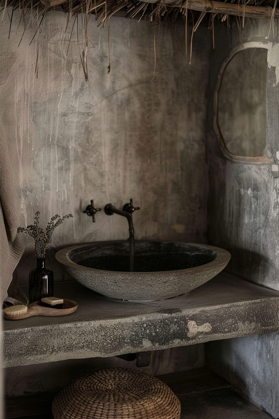 The image displays a rustic bathroom setting featuring a stone basin sink with antique-style faucets mounted on a textured wall. Above the sink, there's a small, arched mirror with a distressed frame. The wall and surface around the sink show signs of wear and patina, adding to the rustic charm. A small vase with dried flowers, a piece of soap on a wooden dish, and a brush sit beside the sink. Below the sink counter, a woven stool or basket adds to the natural, earthy aesthetic of the scene. Rustic stone basin sink with antique faucets and woven stool in a textured bathroom setting.