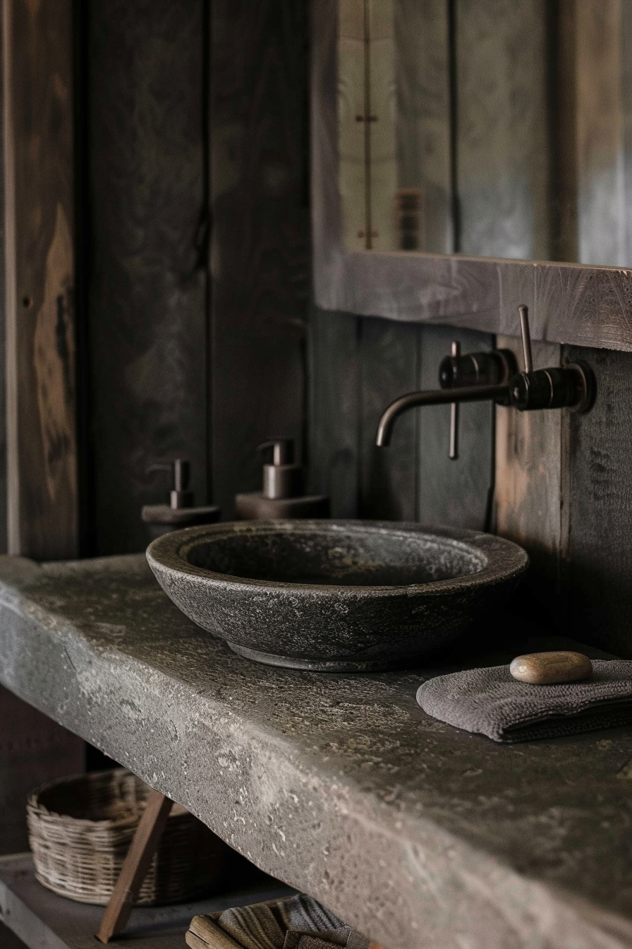 The image presents a dark-toned rustic bathroom setting with a focus on a stone basin. The sink sits atop a long, textured concrete countertop that extends across the picture. A dark matte faucet with a modern design is mounted on the wall above the basin. There are two unlit control knobs on the wall beside it. The basin is round and looks crafted from a speckled stone, adding to the natural aesthetic. On the countertop, adjacent to the sink, there's a neatly placed dark grey cloth and a small, smooth stone. Below the basin, the countertop reveals an open shelf where a woven basket and a small wooden stand are placed gently on the left corner. Soft, diffused light illuminates the scene, enhancing the serene and minimalist atmosphere of the space. Rustic bathroom with stone basin on concrete countertop and dark wall-mounted faucet.