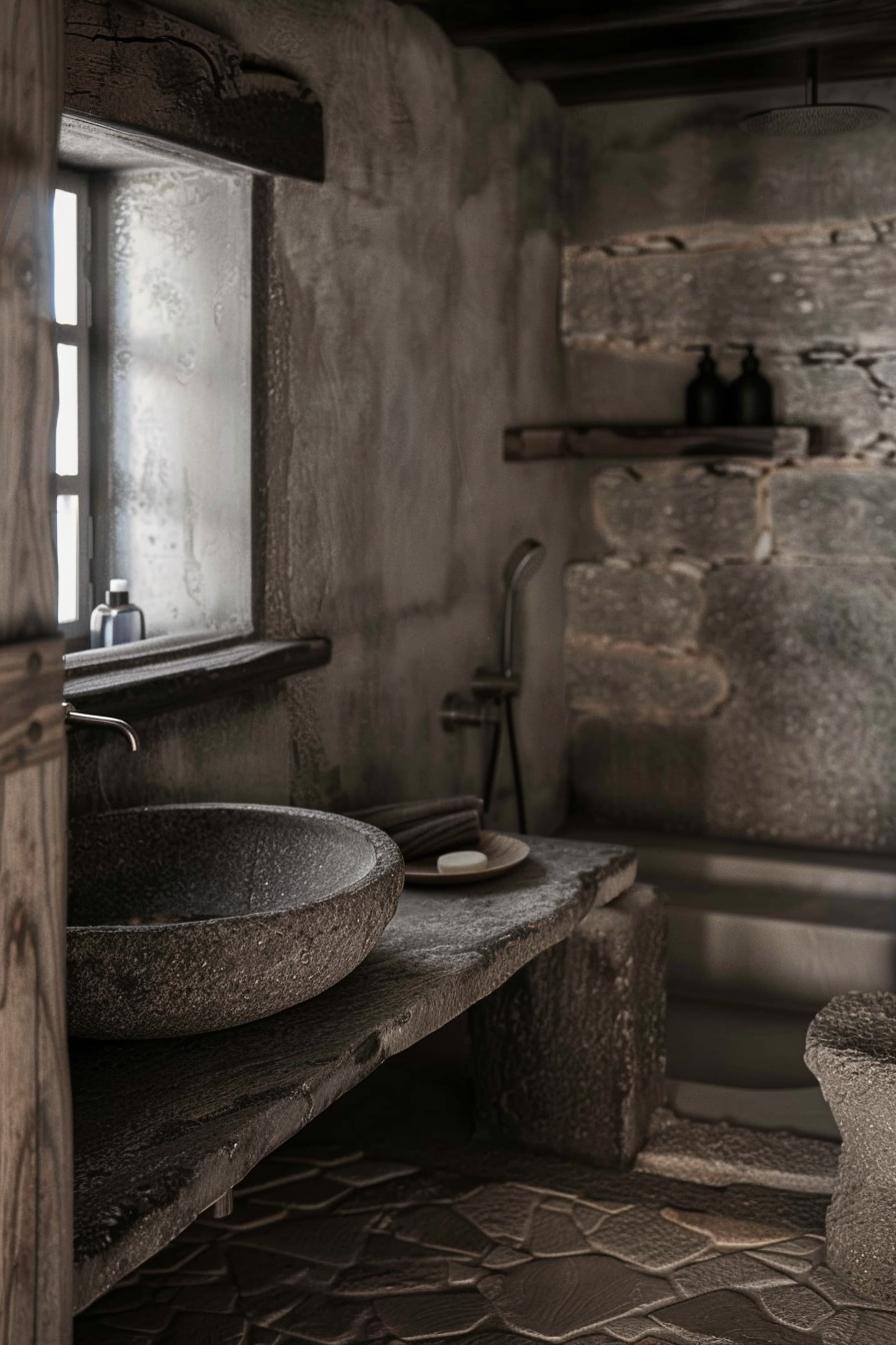 The image shows a rustic bathroom setting with a significant use of stone and wood materials that give it a natural and earthy atmosphere. A round stone sink is prominently featured on a heavy wooden shelf, accompanied by minimalistic toiletries. Above the sink, there is an open window with condensation, suggesting a contrast between the warmth inside and cooler weather outside. A concrete wall with patches of moss or discoloration reflects the age and weathered character of the space. On the side, you can see a wooden door slightly ajar, and in the foreground, there's a textured stone floor that complements the organic aesthetic of the room. A rustic bathroom corner with a stone sink, wooden elements, and a dewy window, exuding an earthy ambiance.
