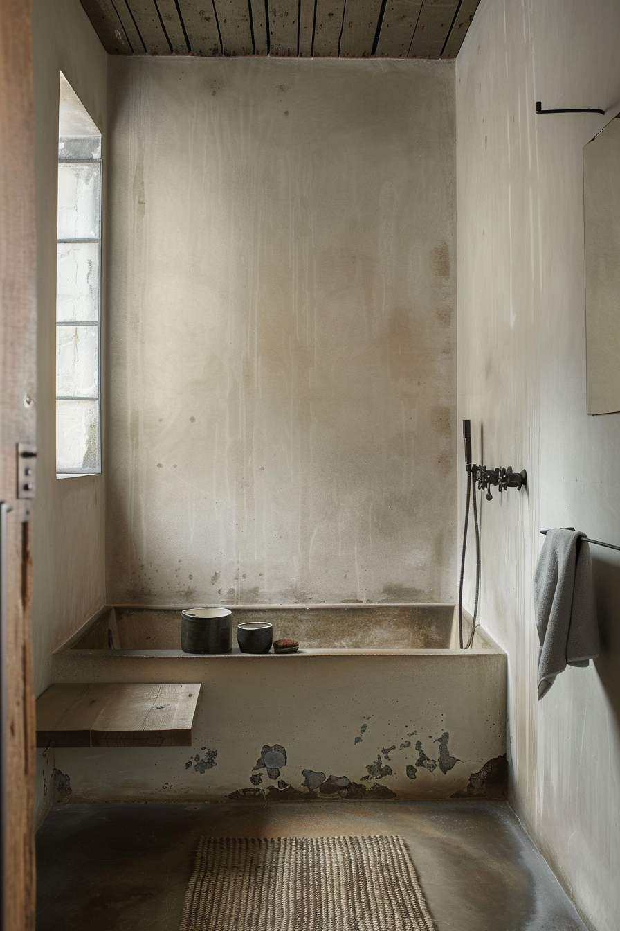 The image shows a rustic-style bathroom with a built-in bathtub that has signs of wear and tear. Above the tub, there's a wooden slab that appears to be a makeshift seat or shelf. On the tub ledge, two metal containers and a sponge rest beside a vertical stained wall with streaks, likely from water and age. The bathroom is equipped with a dark-toned shower fixture mounted on the wall. In the corner, there's a window with frosted glass that lets in natural light, partially revealing the age-old wooden beams on the ceiling. A simple, woven mat lies on the concrete floor, and there's a towel hanging on the dark fixture to the right. Rustic bathroom interior with worn bathtub, wooden seat, and simple fixtures.