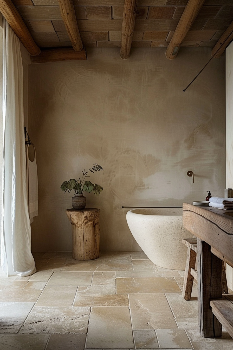 The image shows a rustic bathroom with a freestanding bathtub on a beige tiled floor. A wooden stool with a potted plant is situated beside the tub. There's a wooden vanity with a basin to the right and a hanging towel to the left. Exposed wooden beams on the ceiling and a draped white curtain add to the room's natural, serene vibe. Rustic bathroom with freestanding bathtub, wooden vanity, exposed beams, and potted plant.