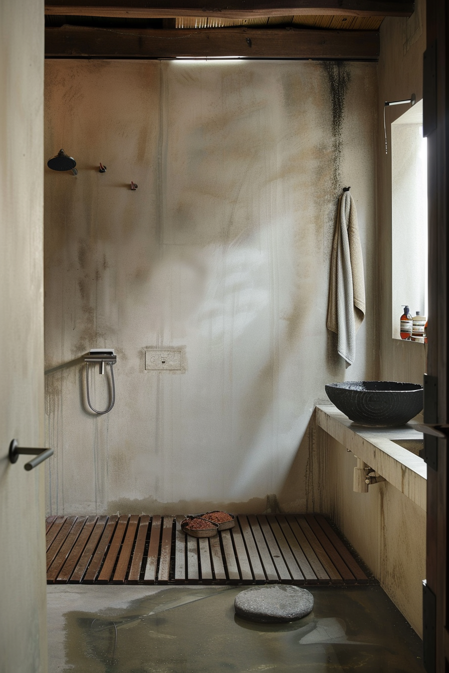 The image shows an interior view of a bathroom with signs of mold and mildew. There's a foggy glass shower cubicle with dark stains on the walls and the door is partially open. The showerhead is mounted on the wall and a handrail is visible. There's a towel hanging on the right and a collection of bottles on a ledge. Below, a wooden slatted mat is on the floor with a pair of worn flip-flops and a large stone. The basin is a large black bowl on a wooden surface with a water stain beneath it. Rustic bathroom with moldy shower enclosure, towel, flip-flops, and black basin.