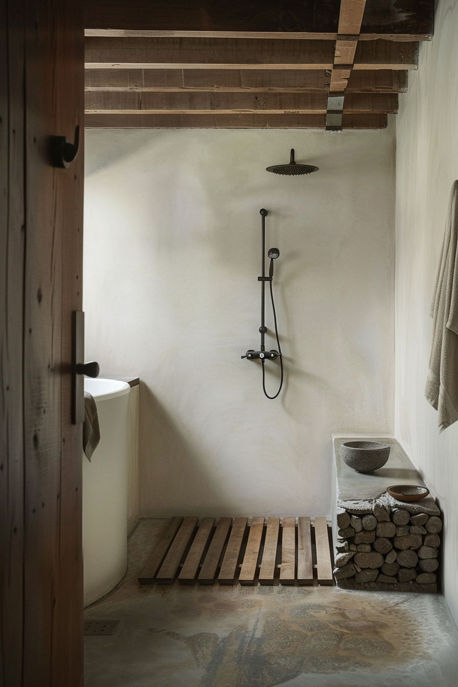 The image shows a rustic bathroom setting with a walk-in shower area. The shower features a large, round showerhead mounted on the ceiling and a handheld shower attached to the wall. There's a wooden slat bath mat on the floor and a built-in shelf with two bowls and neatly stacked firewood, contributing to the natural, earthy aesthetic. The walls are finished with a rough plaster, and there's a partial view of a door on the left, hinting at the entrance to this serene space. The color palette is neutral, with earth tones dominating the scene. Rustic bathroom with ceiling-mounted and handheld showers, wooden bath mat, and shelf with firewood.