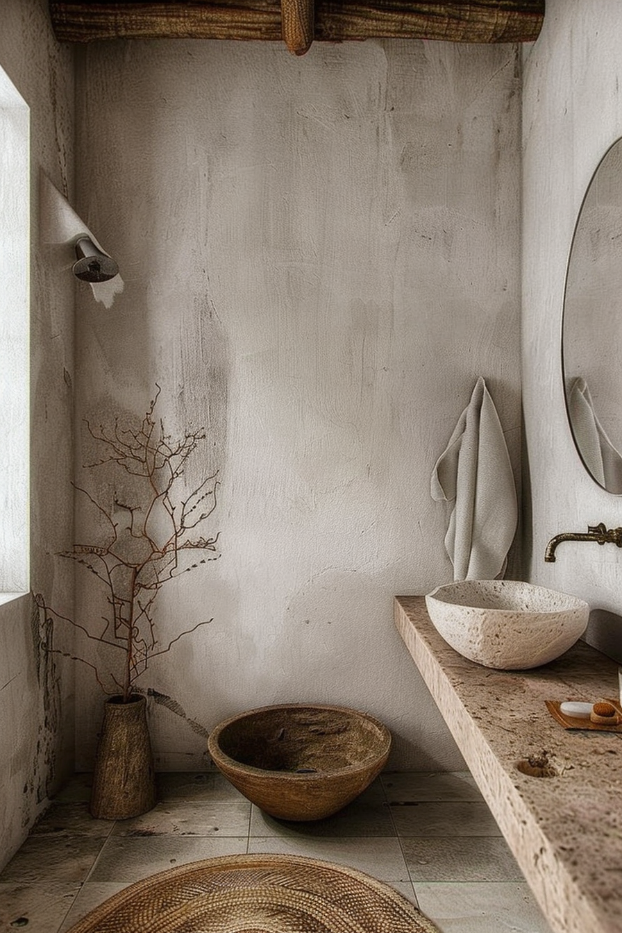 The image shows a rustic bathroom interior with a textured concrete wall and simple functional elements. A stone countertop extends across the image, housing a circular stone basin for a sink, with a vintage-style brass faucet to the right. Beside the sink is a soap dish and a toothbrush. On the left, a toweling hangs from a metal holder. Below the countertop on the tiled floor, there's a large wooden bowl, probably used as a bath. In the corner stands a tall vase with dried branches, adding an organic touch to the decor. A straw mat lies on the floor, contributing to the earthy ambiance, and a round mirror is partially visible to the right of the frame, reflecting the towel and wall texture. Rustic bathroom with stone sink, wooden bath bowl, dried branches, and straw mat.