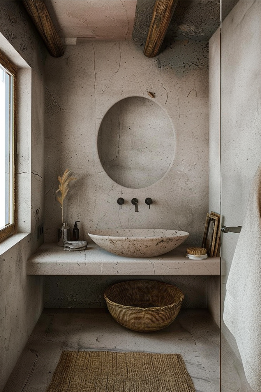 The image shows a rustic and minimalist bathroom interior featuring a concrete wall with a rough texture. A circular mirror is mounted on the wall above a floating concrete countertop that holds an oval, freckled ceramic sink. Dark metal faucet fixtures protrude from the wall. A narrow window on the left allows natural light in. On the countertop, there are simple bathroom accessories, including a brown bottle, soap, a small decorative plant, and a tray. Below the countertop is a woven basket. A textured rug lies on the floor in front of the sink, and a white towel is partially visible on the right edge of the image. Rustic bathroom with concrete walls, ceramic sink, and simple decor.