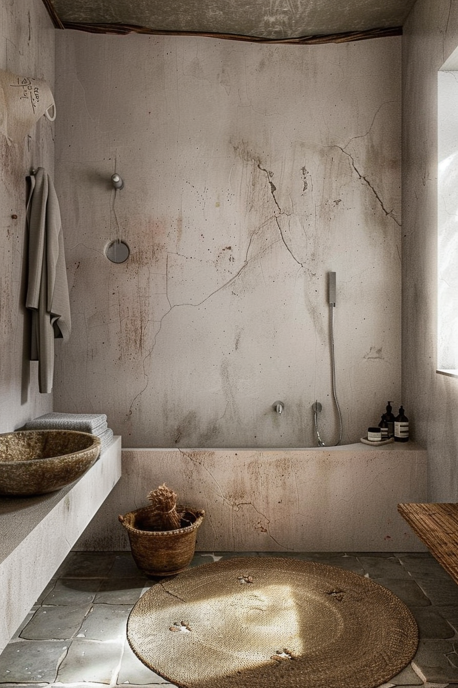 The image shows a rustic bathroom interior with a stone textured wall, showing signs of wear and cracks. There's a large stone basin sink to the left on a white ledge, and a towel hangs to the left. On the right, there is a metal shower fixture on the wall, with personal care bottles resting on the ledge below it. The scene includes a wicker basket with a plant and a large round woven rug on the tiled floor. The natural light illuminates the space, highlighting the textures and earthy tones. Rustic bathroom with stone basin sink, worn walls, and woven decor.