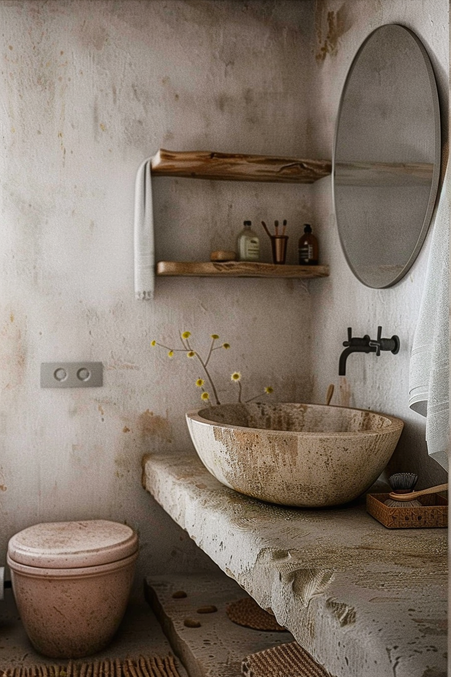 The image shows a rustic bathroom setting with a textured, cream-colored wall. On the right side, there is an oval mirror mounted on the wall. Beneath the mirror to the left, a stone countertop extends with an unfinished front edge. On it, there is a round, stone vessel sink with a matte black faucet on the wall above. Yellow flowers emerge from within the sink, adding a touch of color to the scene. On the left wall is a wooden shelf with toiletry items, including bottles and brushes arranged neatly. A white towel hangs over the edge of the shelf. Below the countertop, a matching stone toilet is visible. The floor is not fully shown, but there is a brown bath mat with cut-out patterns. Rustic bathroom interior with stone sink, yellow flowers, and wooden shelf.