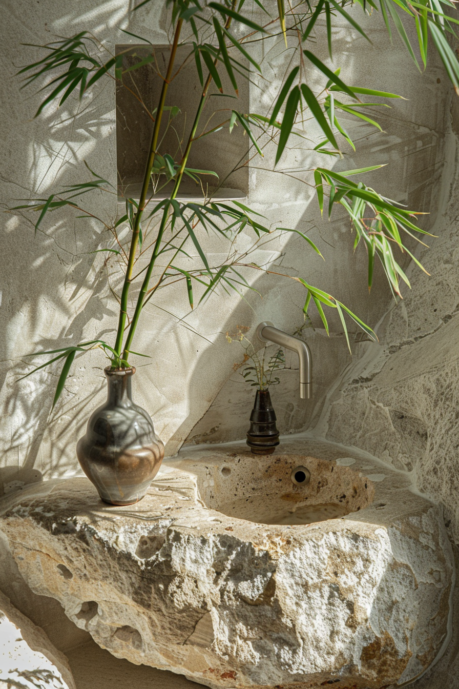 The image shows a rustic stone sink with a modern tap. A metallic vase with bamboo stalks sits on the edge, partially obscuring the window behind, casting shadows on the wall. Rustic stone sink with a metallic vase and bamboo under sunlight and shadow play.