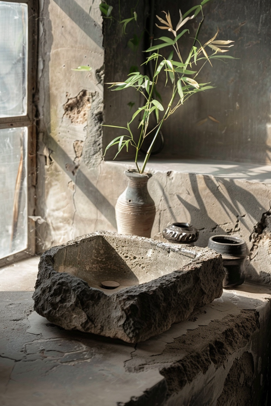 The image shows a rustic stone sink on a roughly textured counter, with sunlight streaming through a window, casting shadows. A slender plant in a tall ceramic vase stands beside the sink, accompanied by two small pots. The overall feel is natural and serene. Sunlight illuminates a rustic stone basin and a bamboo plant in a ceramic vase on a textured counter.