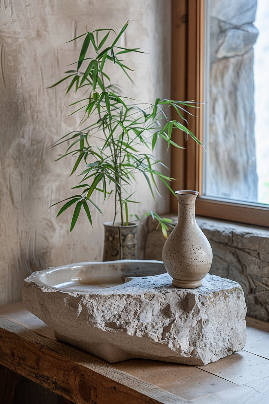 The image shows a serene and rustic indoor setting with a focus on a large stone basin placed on a wooden surface. In front of the window sits a slender, speckled ceramic vase, while a thriving bamboo plant is visible in soft focus in the background, adding a touch of greenery. The lighting is natural, indicative of daylight streaming in through the window, which is partially obscured by a textured, translucent curtain. The textured wall and stone window ledge enhance the natural, earthy ambiance of the scene. Alt text: Speckled vase on a rustic stone basin near a window with a bamboo plant in soft focus behind.