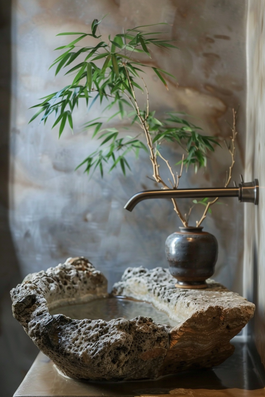 The image displays an elegant and natural bathroom setting featuring a unique stone sink with a rough, organic edge, resting on a flat surface, likely a vanity. Above the stone sink, a modern, metallic faucet extends towards the viewer. To the left stands a slender vase with a bamboo plant; its green leaves add a touch of vitality and contrast to the earthy tones of the stone and metal elements. The background is softly blurred, mainly in neutral colors, contributing to the calm and sophisticated atmosphere of the scene. Zen-inspired bathroom with stone sink, metallic faucet, and bamboo in a vase.