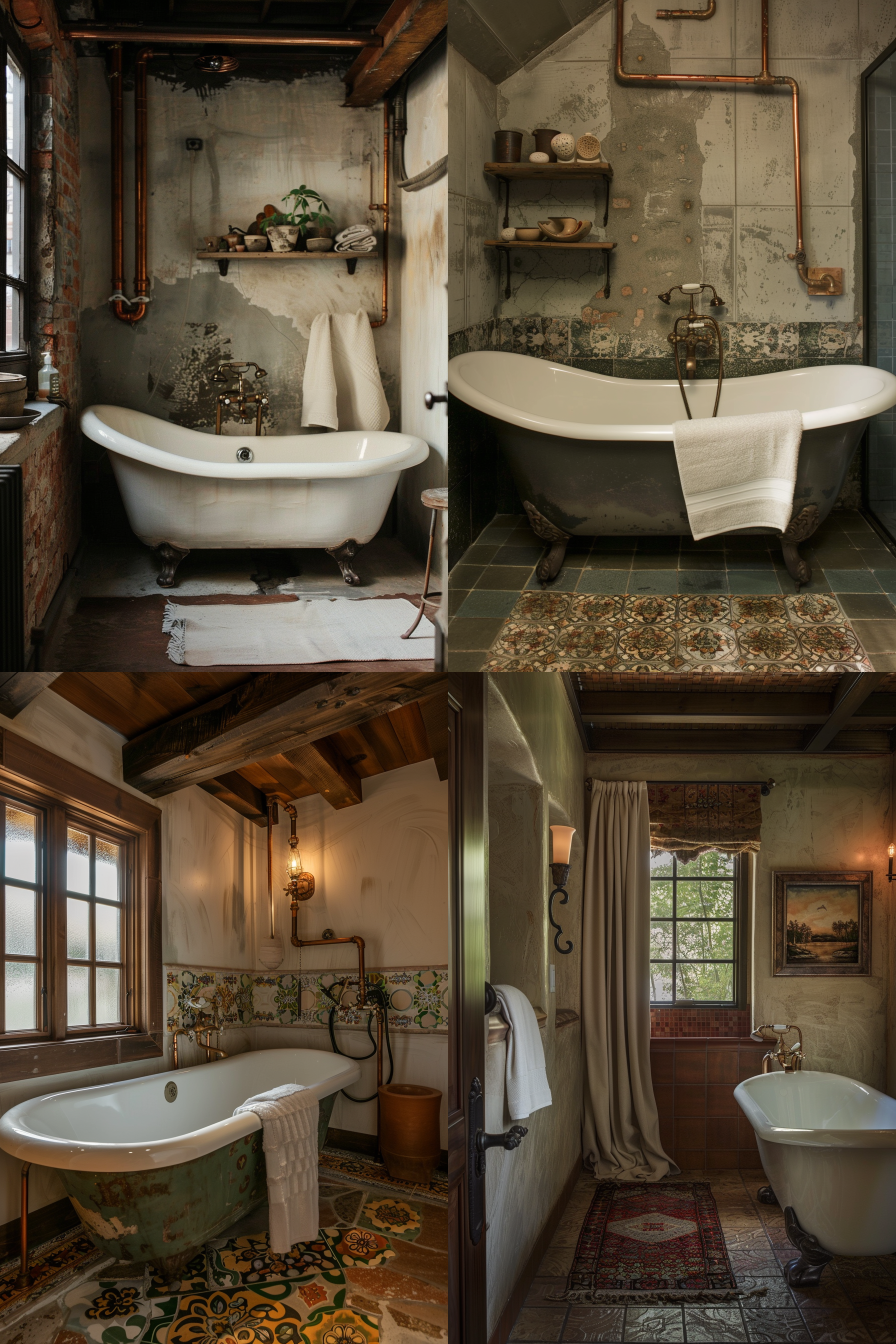 The image is a collage of four different vintage-style bathrooms. Each bathroom has a distinctive clawfoot tub as the centerpiece. The top-left picture shows a white tub with exposed brick and plaster walls, contrasting with sleek copper pipes and a small shelf with plants and toiletries. The top-right image presents another white tub with a towel draped over it, set against green tiled flooring and a rustic backdrop with a wooden shelf holding various items. In the bottom-left photo, a white bath sits against a wall with traditional patterned tiles and rustic elements, including an exposed beam ceiling. A unique feature in this room is the ornate metal wall-mounted lamp. The bottom-right image depicts a more simplistic setup with a white tub on red and patterned tiles, a curtain-draped window, and minimal accessories. ALT text: Collage of four old-fashioned bathrooms with white clawfoot tubs and rustic decor.