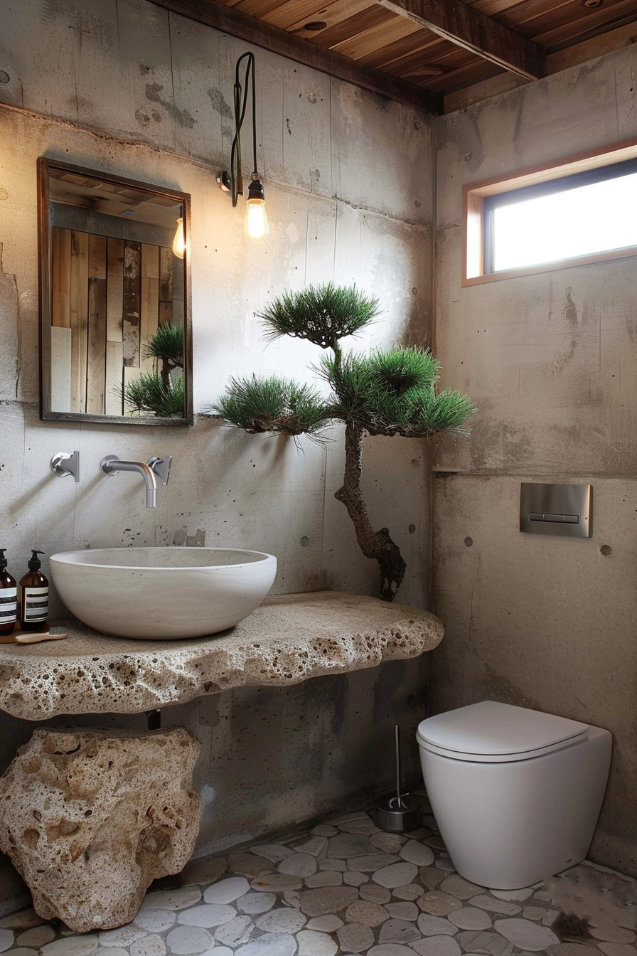 The image shows a rustic bathroom with a modern touch. There is a large, rough-edged stone shelf used as a countertop, on which a circular white basin rests. Above the basin, mounted on the concrete wall, is a rectangular mirror with a wooden frame. To the side of the basin, an ornamental tree with a twisted trunk and green foliage adds a touch of nature to the setting. Hanging from the ceiling is a simple light fixture with an exposed bulb. The floor is covered with unevenly shaped stone tiles, and to the right, there is a sleek, modern white toilet without a visible tank. The room has a raw industrial feel due to the visible concrete walls and wooden ceiling beams, balanced by the warmth of the wooden mirror frame and the greenery of the ornamental plant. Rustic bathroom with modern sink and toilet, featuring exposed concrete walls and a natural-stone shelf.