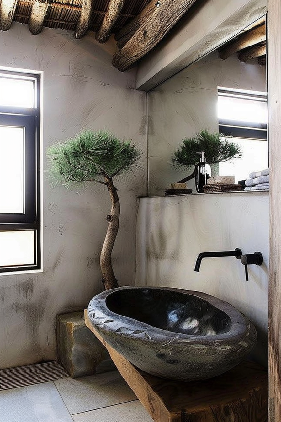 The image depicts a rustic bathroom setting with a natural stone sink that rests on a thick wooden slab. A wall-mounted faucet with a modern design protrudes from the textured wall above the sink. To the left of the sink, a bonsai-style pine tree adds a touch of greenery, while natural light filters through a small window. Above the sink, a rough wooden beam contributes to the earthy aesthetic, further accentuated by neatly stacked towels and a collection of toiletries on a shelf to the right of the tree. The overall atmosphere is one of serene, organic elegance. Rustic bathroom with stone sink, wooden base, wall-mounted faucet, and a small pine tree.
