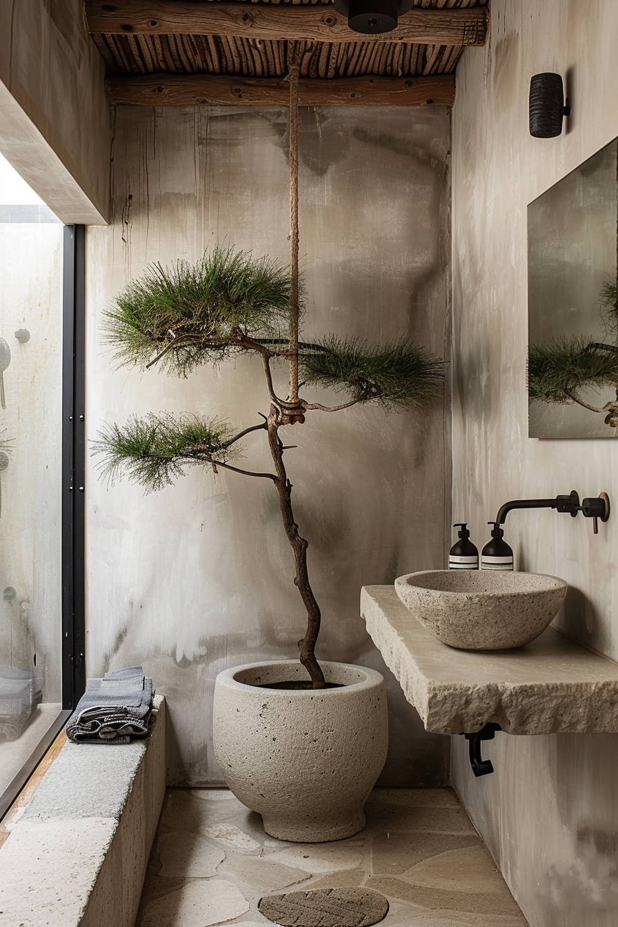 The image shows a rustic bathroom interior with a bonsai tree placed in a round pot on the floor. The tree is centrally positioned and has a twisting trunk with sparse foliage. The bathroom features a stone washbasin on a concrete countertop with dark metal fixtures mounted on a textured concrete wall. Above the basin, there's a wooden shelf with a rough, unfinished appearance that matches the exposed wooden beams on the ceiling. A small towel is neatly placed on a stone bench to the left of the pot. The floor is made of stone tiles in a natural, uneven pattern. Daylight filters through a frosted window pane on the left side, softening the overall look of the space. Rustic bathroom with bonsai tree in pot, stone washbasin, and natural textures.
