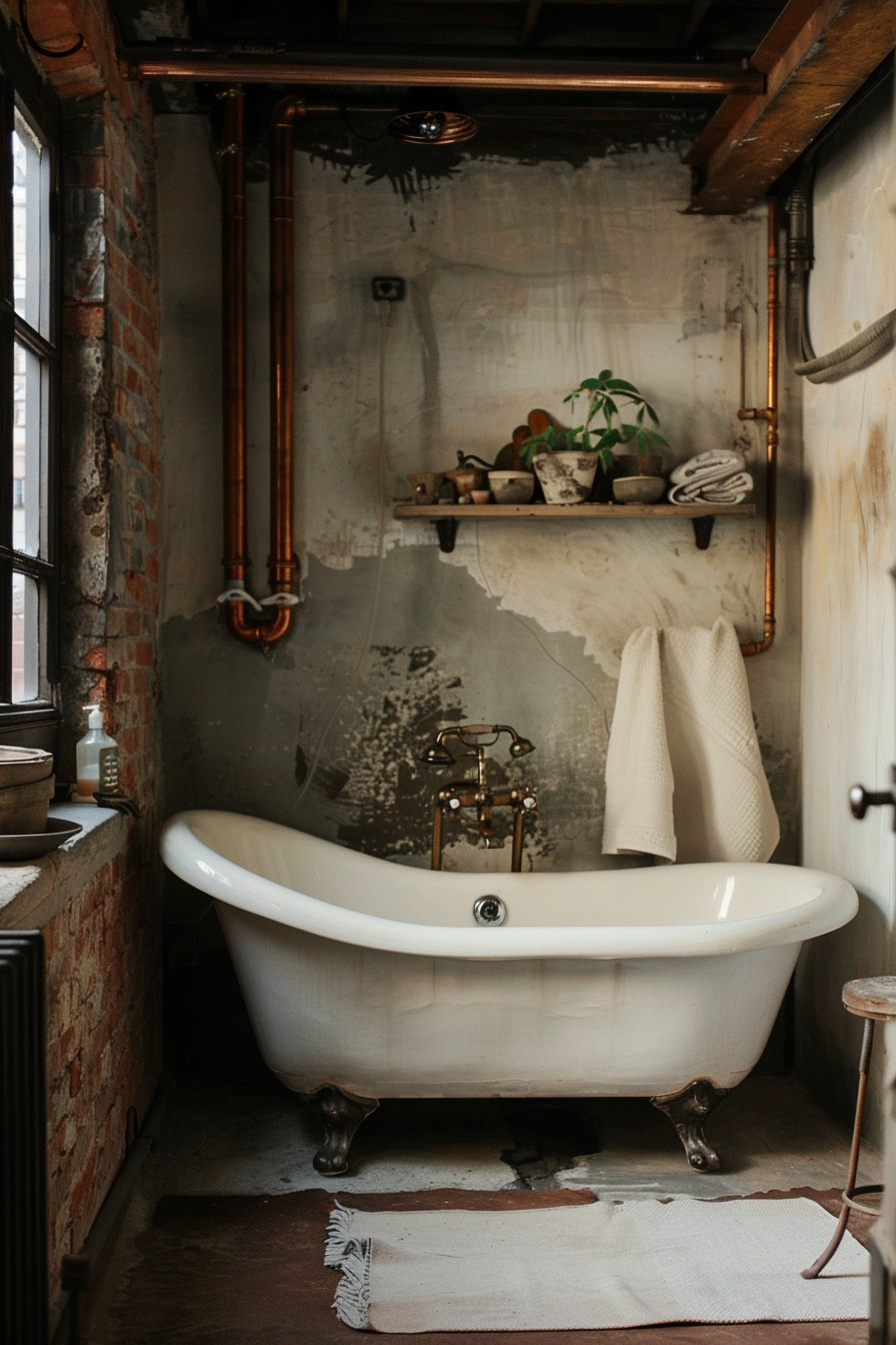 The image shows a vintage bathroom setting with a free-standing clawfoot bathtub placed near a window with exposed brick on one wall. Copper piping runs along the wall and ceiling. There’s an industrial-style shelf above the bathtub with various pots and a plant, alongside neatly folded towels. A rustic stool stands beside the tub, with a bottle resting on it. The room is illuminated by soft, natural light coming through the window, adding to the warm, antique atmosphere. Vintage clawfoot bathtub in a rustic bathroom with exposed brick and copper pipes.