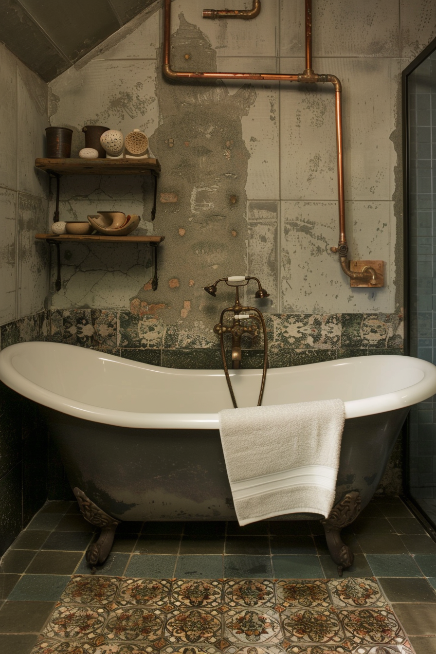 The image displays a vintage-styled bathroom with a freestanding bathtub. The tub is white on the inside and has a dark exterior with clawfoot details. It is equipped with rustic, copper-colored taps. Above the tub, exposed copper pipes run along the wall, contributing to the room's antique ambiance. The wall itself features aged, decorative tiles with visible wear and a few spots where the tiles are missing, revealing the underlying surface. To the left of the tub, two rustic wooden shelves are mounted to the wall holding various ceramic bowls and pots. On the tub's edge hangs a white towel. The floor is covered with tiles that match the vintage aesthetic, stressing a traditional pattern reminiscent of early 20th-century design. Vintage bathroom with clawfoot tub, rustic fittings, and antique decor.