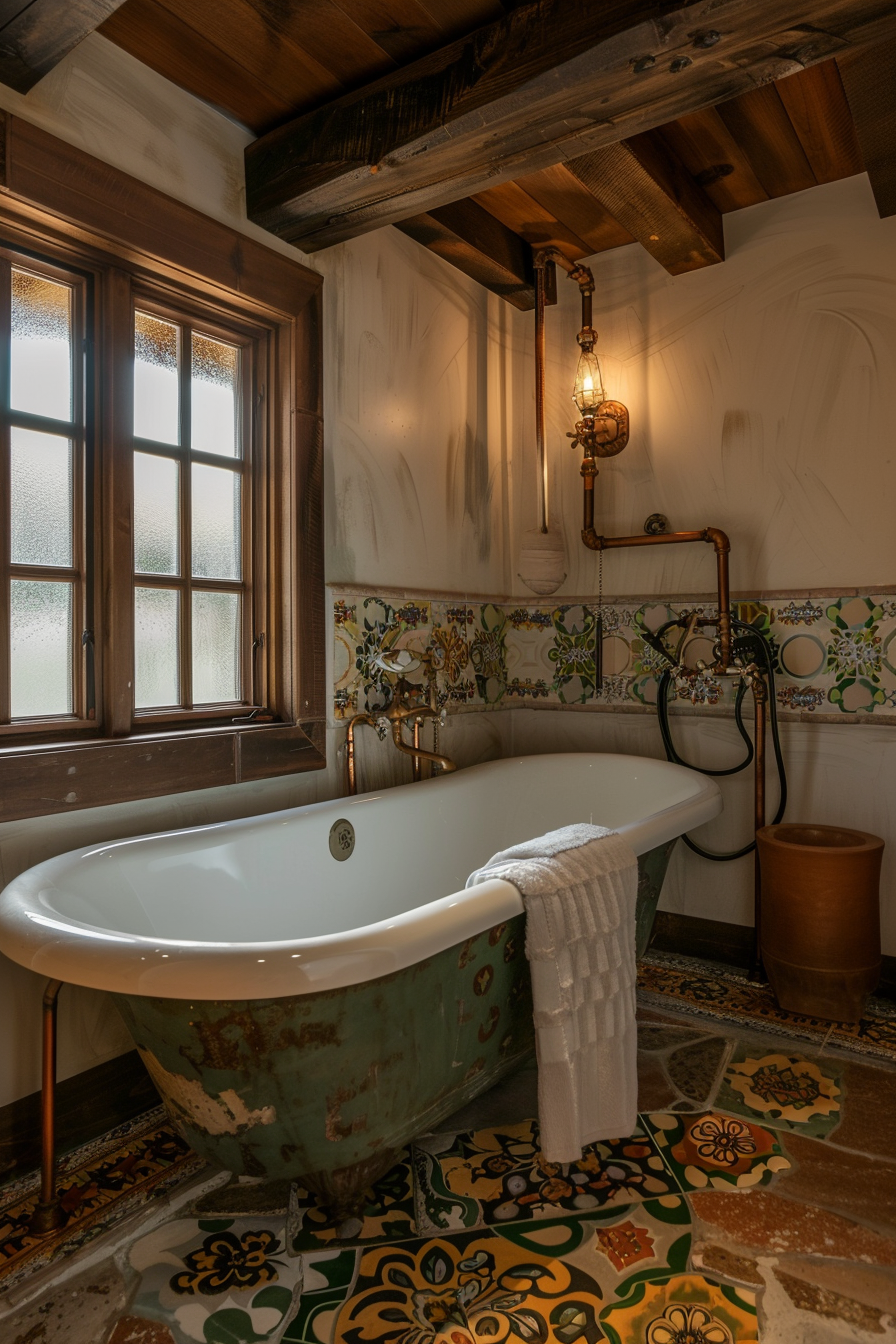 The image shows a cozy bathroom interior with a vintage aesthetic. A clawfoot bathtub with peeling green paint sits prominently in the center, positioned next to a frosted glass window with a wooden frame that allows natural light to filter into the room. Above the tub is a unique copper pipe shower fixture with an attached industrial-style lamp, adding to the room's rustic charm. The walls are painted white with visible brush strokes, and the wainscoting is adorned with decorative, colorful tiles that present an ornate pattern alongside the bathtub. Below, the floor is covered with elaborately patterned tiles, blending warm hues of yellow, green, and terra cotta, which complement the earthy tones of the bathroom. In the far corner, there's a simple terracotta pot, and a white towel is hung over the side of the bathtub, ready for use. Rustic bathroom interior with clawfoot bathtub, decorative tiles, and copper shower fixture.