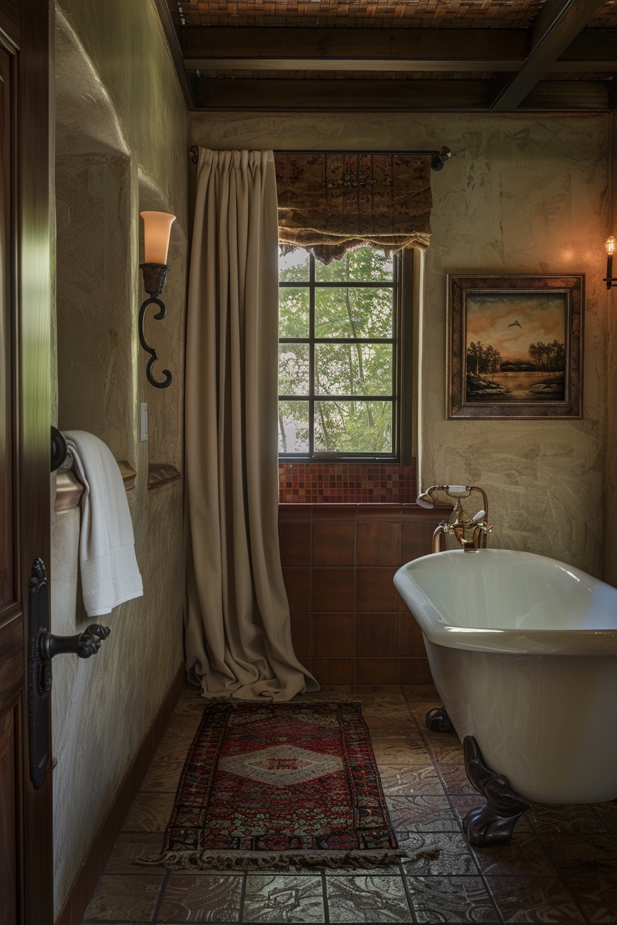 The image showcases a cozy bathroom interior with a rustic charm. To the left, a towel hangs neatly on a wrought iron holder, beside a wooden door. An elegant wall sconce casts a warm glow above the towel. On the right, against the textured walls that resemble aged plaster, there is a classic freestanding bathtub with traditional fixtures, accompanied by a small painting that depicts a serene landscape with birds in flight over water. A large window with panes overlooks trees in bloom, draped by heavy, luxurious curtains adding to the room's old-world ambiance. On the floor, there is a decorative rug with intricate patterns, and the tiled floor supplements the rustic tone of the room. Exposed wooden beams on the ceiling enhance the vintage feel of the space. Cozy rustic bathroom with a claw-foot tub, tiled floor, and serene nature painting.