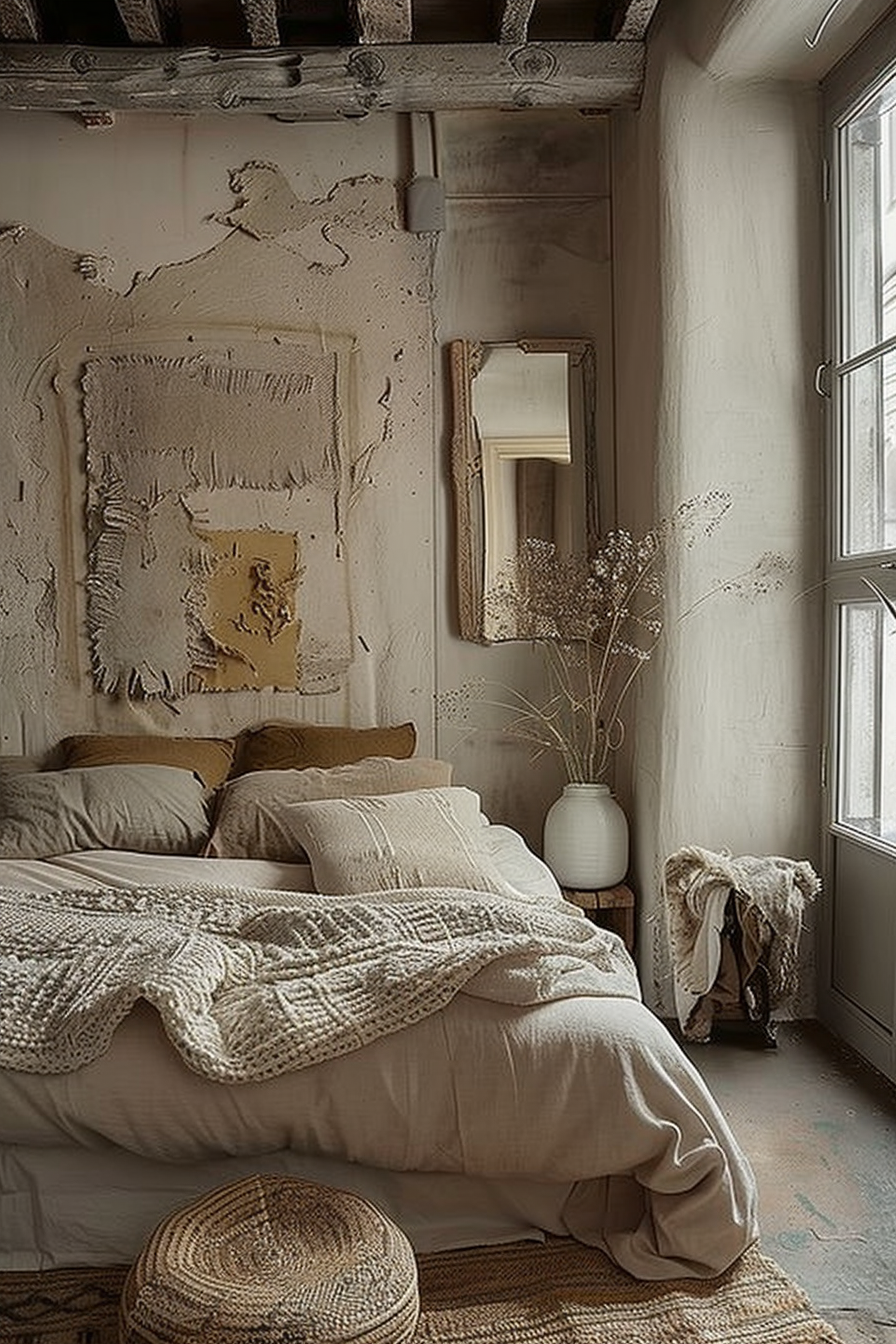 The image shows a cozy bedroom corner exuding a rustic and bohemian vibe. A comfortable looking bed with plush linens in neutral tones dominates the foreground. The bed is draped with a cream-colored knitted throw, adding texture to the scene. To the left of the bed hangs an abstract canvas, its rough texture and natural colors complementing the room's aesthetic. Above the canvas, you can see the exposed underside of a beam, suggesting the room might be part of an older building with a raw, unfinished look. A wooden stool holding an off-white ceramic vase with dried plants is situated next to the bed, contributing to the organic feel of the space. A simple wood-framed mirror leaning against the wall reflects part of the room, enhancing the sense of depth. On the right side, near the window, there is a peek of rough textiles possibly belonging to an article of clothing carelessly hung, which adds a lived-in touch to the bedroom. The lighting coming from the window is soft and diffused, casting a gentle glow and accentuating the tranquil atmosphere. A woven pouf is placed on what seems to be a natural fiber rug at the foot of the bed, reinforcing the earthy, textured theme throughout the room. The walls and ceiling have a distressed plaster finish in a light, neutral color palette that harmonizes with the overall muted tones of the room. The window allows natural light to enter, brightening the space and offering a view to what lies outside, not visible in