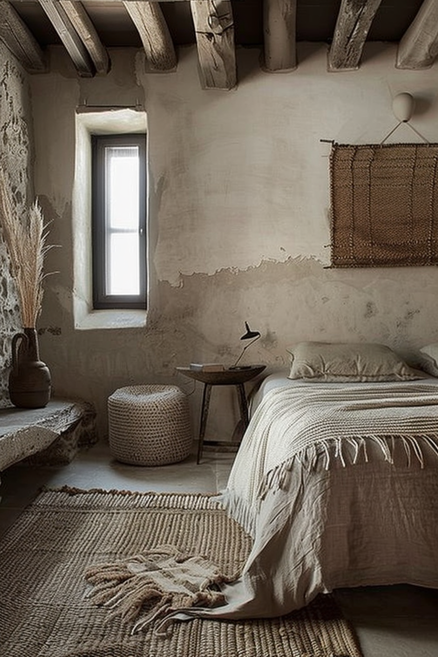 The scene captures a rustic and textured bedroom interior. The room's walls are unrefined with a plaster finish, and the ceiling features exposed wooden beams. A narrow, tall window allows natural light to filter into the space. The flooring is covered with large woven rugs that complement the room’s earthy tones. On the left side, a large, dark brown ceramic vase with tall dried grasses stands out against the light backdrop, contributing to the natural feel of the space. There's a traditional wooden bench beneath the window, and beside it sits a small round side table with an irregular top, which supports a minimalist bird sculpture. A woven wicker stool is positioned directly in front of the bench. The bed is dressed with linen in natural hues, displaying an invitingly rumpled texture. The bedspread features a fringe along the edge and is in a soft, sandy color that echoes the room's neutral palette. Just in front of the bed, a partial view of another rug with tasseled edges adds additional texture to the scene. Overall, this room exudes a serene, calm ambiance, with strong elements of nature-inspired design and a focus on organic materials and textures. The composition of the image, with its emphasis on natural light and material simplicity, suggests a space that is both soothing and grounded.