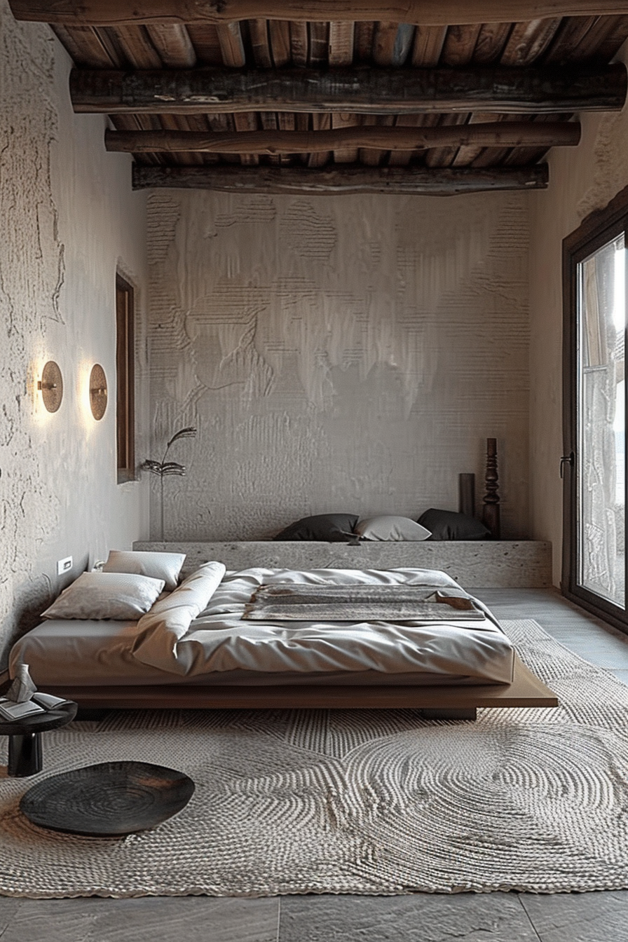 The scene is of a rustic yet modern bedroom. There is a low-lying wooden bed in the center with satin sheets and a collection of pillows suggesting a relaxed and perhaps luxurious setup. A textural contrast is provided by a large, woven area rug underneath the bed that extends out into the room, featuring concentric circle patterns giving the room a sense of groundedness. The walls are textured and finished in a way that retains some of the raw, natural feel of the plaster or concrete. Wooden ceiling beams add warmth and character to the space, enhancing the rustic ambiance. To the right, there is a glass-paned door or a large window providing natural light, while on the left side, two wall-mounted circular light fixtures cast a soft glow on the wall, complementing the room’s serene atmosphere. Near the bed, a small, leisurely placed wooden stool holds what seems to be a small tray or book, and a decorative piece rests on the floor by the bed adding to the minimalist aesthetic. A calm, carefully curated bedroom blending rustic charm with modern design elements, offering a sense of tranquility and sophistication.