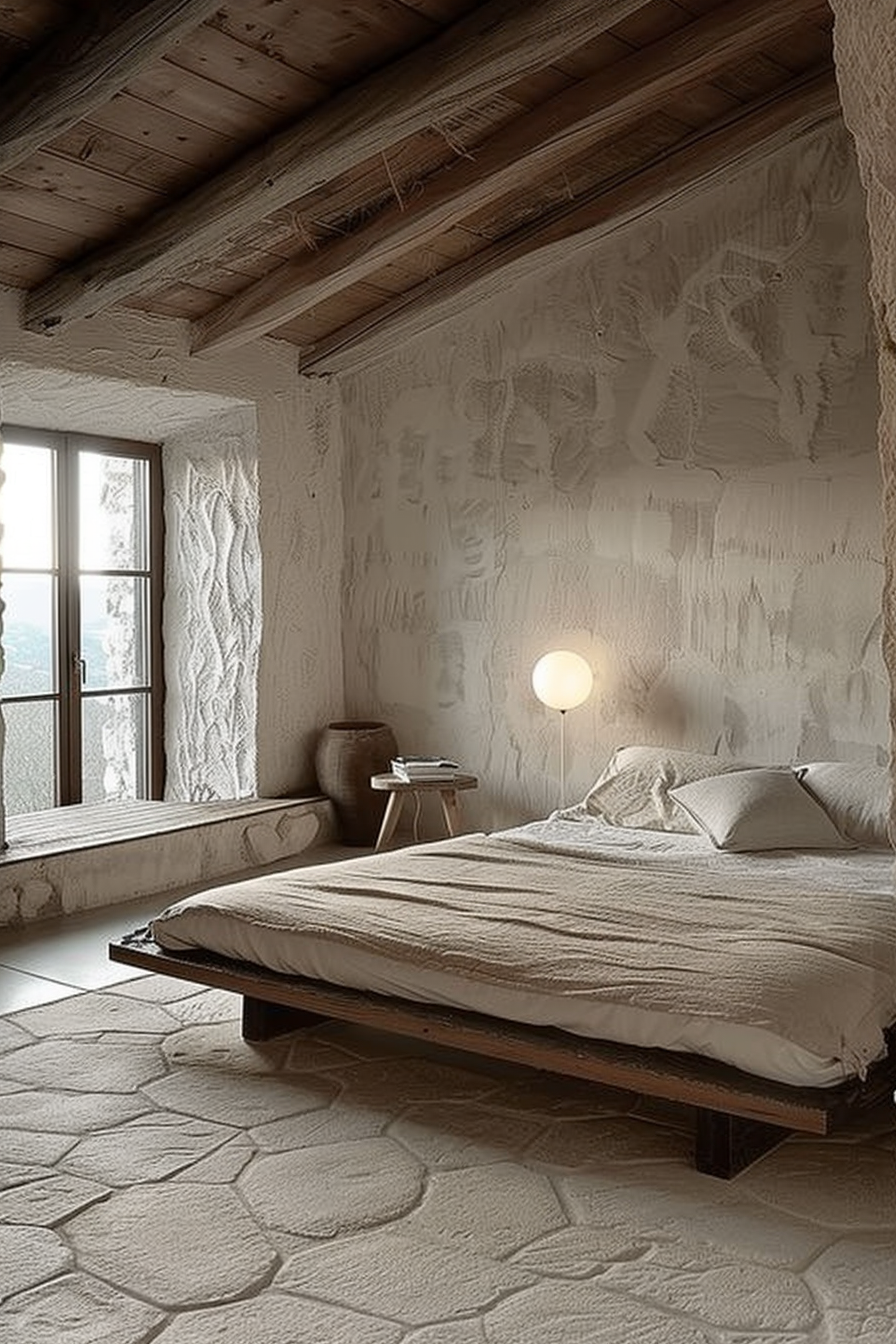 The image shows a minimalist bedroom with rustic design elements. The room's walls are textured with what appears to be a plaster finish with visible strokes, adding a unique tactile aspect to the space. A large wooden beam running across the ceiling gives off a cozy, cabin-like feel, complemented by the wooden planks underneath. The floor is adorned with large, irregularly shaped tiles that mimic the look of natural stone slabs, enhancing the room's organic aesthetic. Directly in view is a low-platform bed with a simple, solid frame showcasing the wood's natural grain. The bedding is modest, primarily consisting of a textured cover in earth tones that blends seamlessly with the room's color palette. A small side table stands near the bed, holding a couple of books and providing a functional surface without taking up much space. In the background, by the window, there's a bench-style daybed or seating area, extending the invitation to relax and enjoy the natural light pouring in through the window. This allows for a seating option where one could unwind or read while enjoying the view outside. A spherical table lamp with a warm glow sits on the floor to the side of the bed, contributing to the ambiance of the bedroom with its soft illumination. The room harnesses a sense of tranquility and simplicity, favoring texture and natural materials over decorative embellishments. The overall atmosphere is calming and inviting, with a strong sense of connection to natural elements. Alt text: A serene, rustic bedroom with textured plaster walls