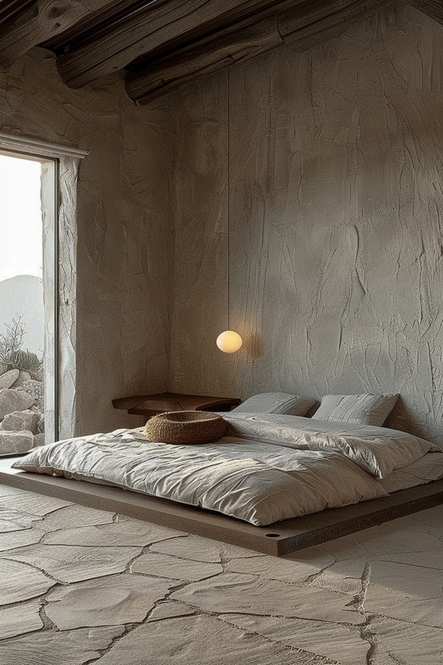 The image showcases a minimalist bedroom with an organic and earthy aesthetic. A low-lying platform bed is positioned at the center of the image with soft bedding in neutral tones. Above the bed hangs a single spherical pendant light, casting a warm glow. The wall behind the bed features a rustic, textured plaster finish, complementing the natural theme. To the left, there's a large window partially obscured by a sheer curtain, allowing diffused natural light into the room and revealing a glimpse of a rocky landscape outside. The floor mimics the irregular patterns and tones of natural stone, further enhancing the serene and natural ambiance of the space. The scene exudes a calm and tranquil atmosphere, inviting relaxation and reflection.