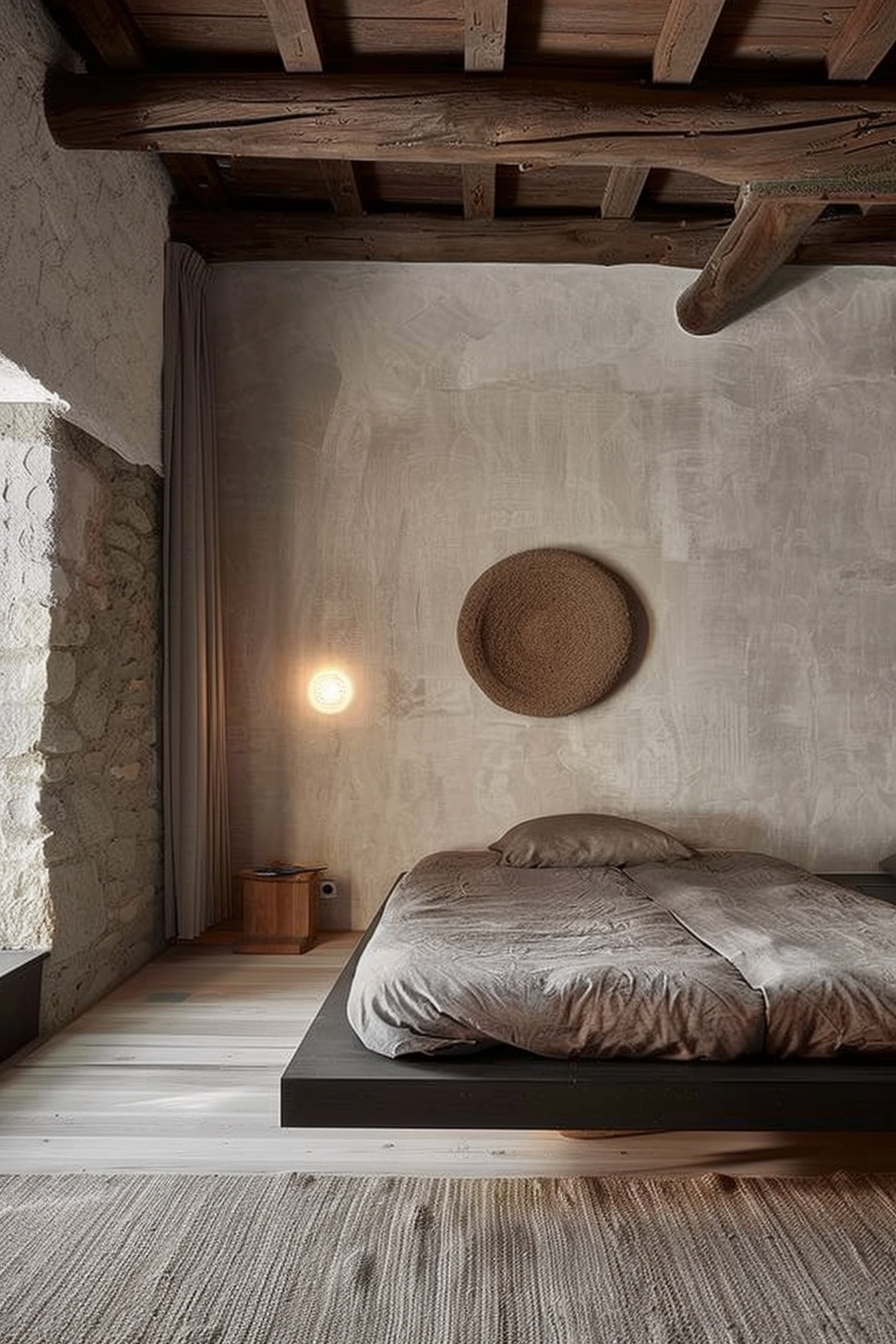 The image shows a minimalist bedroom with a rustic and natural aesthetic. The room features a low platform bed with a dark base and light-colored bedding. The textural contrast is evident with a woven round wall decor piece centrally placed above the bed, harmonizing with the earthy tones of the room. There's a simple wooden side table with a round top to the right of the bed, and on it is a small, modern-looking lamp providing a warm glow. The flooring consists of light-hued wooden planks which match the platform of the bed, also covered by a large, textured rug that complements the natural palette. Exposed wooden beams add character to the ceiling, giving the space an authentic traditional feel which contrasts with the otherwise modern minimalist decor. The stone wall on the left and the smooth plastered wall on the right introduce different textures to the ambiance, playing with both raw and refined elements in the decor.