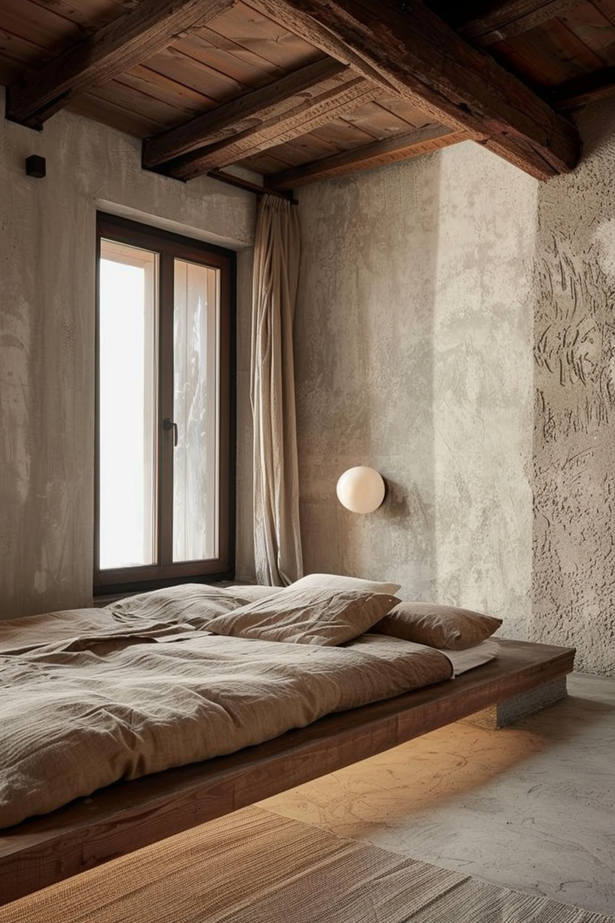 A minimalist bedroom with a low, wooden platform bed adorned with beige linen bedding. The room features a high ceiling with exposed wooden beams, adding a rustic charm. The walls are textured with what appears to be a plaster finish, in a neutral, earthy tone that complements the room's serene and natural aesthetic. A tall, narrow window with a thick, opaque curtain allows natural light to filter in, highlighting the warmth of the wood and the cozy ambiance. A simple spherical wall light is mounted to the side, adding a soft glow to the atmosphere. In front of the bed is a wide woven rug, extending across the concrete floor, contributing to the mix of textures within the space.