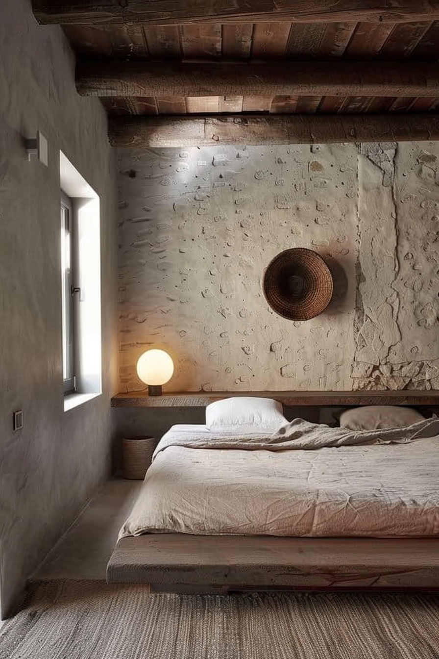 The image showcases a minimalist bedroom design with a refined rustic charm. A low-profile platform bed with a beige linen bedspread is positioned at the center, resting on a large textured rug that compliments the room's natural tones. Above the bed, there's an exposed wooden beam ceiling, contributing to the rustic aesthetic. One wall, which is partially exposed to reveal underlying stone, contains a small recessed window allowing for natural light. On the same wall, there's a spherical table lamp emitting a warm glow, placed on a narrow shelf or window sill. A woven basket hat is hung decoratively on the wall, enhancing the artisanal vibe of the space. The room exudes a serene and cozy atmosphere, characterized by its earthy colors and materials.